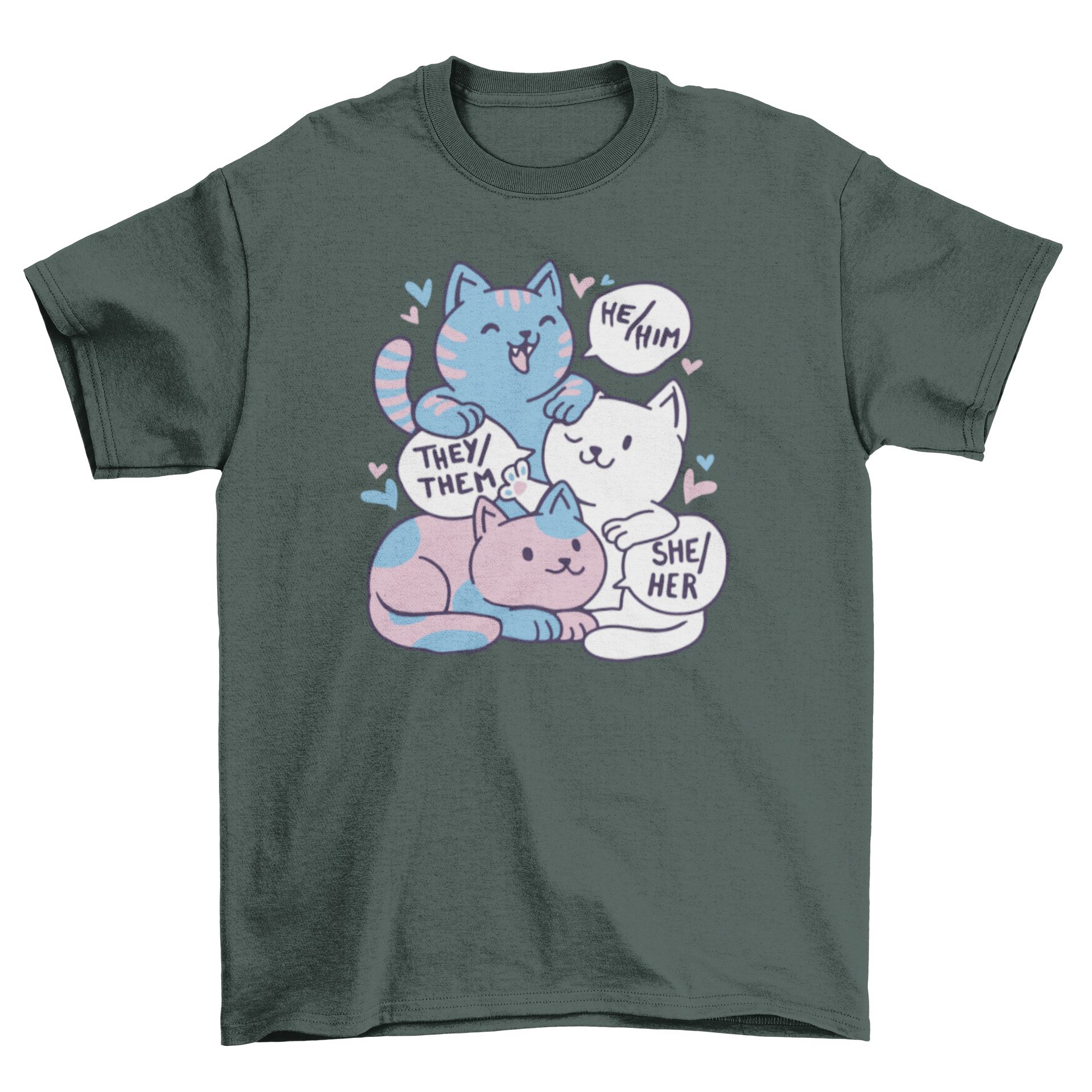 Kawaii cat animals LGBT t-shirt featuring three cats with pronouns He/Him, She/Her, and They/Them in a colorful design.