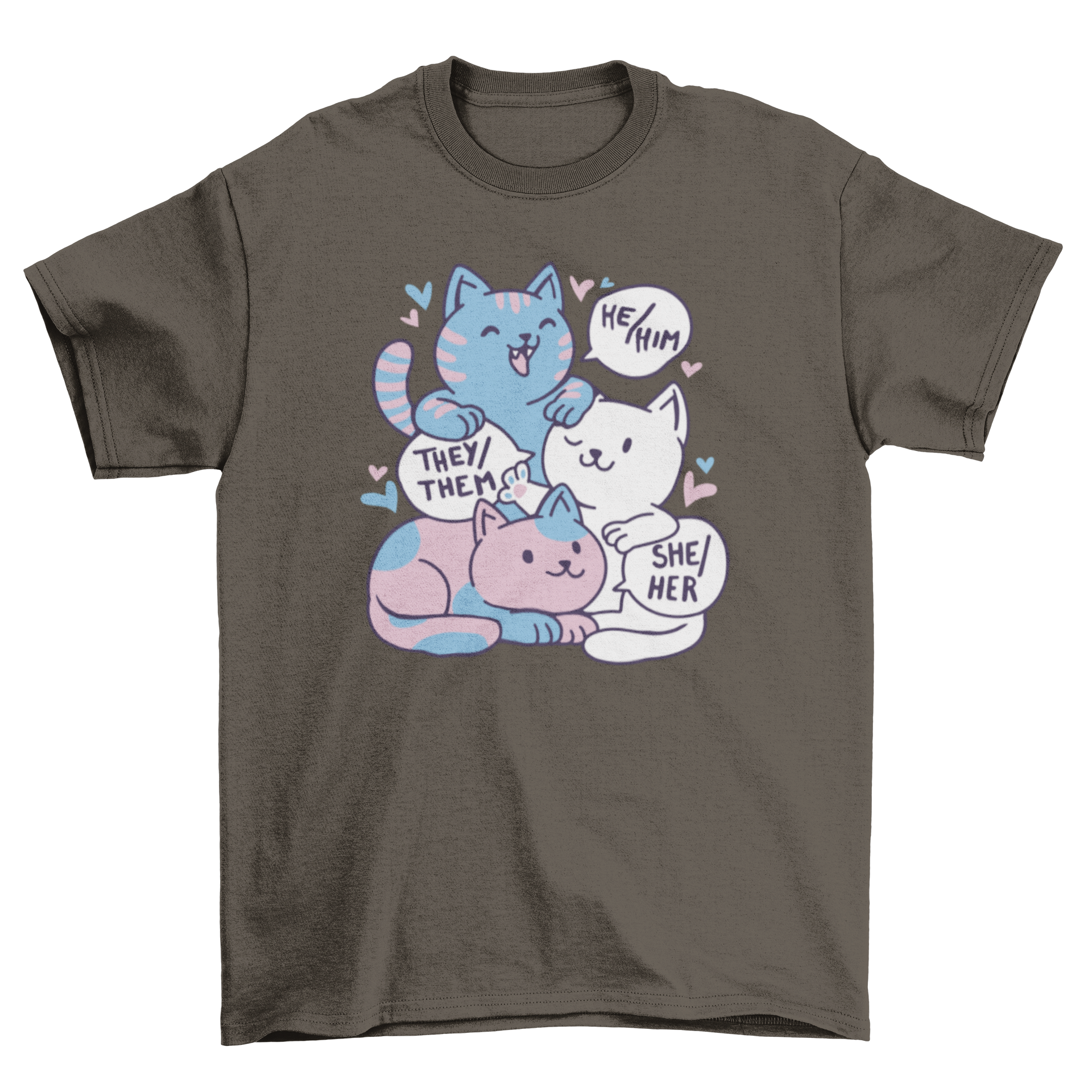 Kawaii cat animals LGBT t-shirt featuring three cats with pronouns He/Him, She/Her, and They/Them in a colorful design.