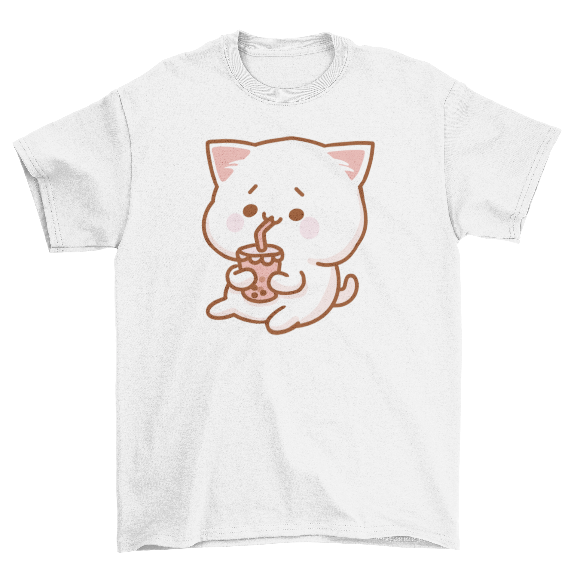 A cute t-shirt featuring a kawaii cat drinking bubble tea, showcasing vibrant colors and playful design.