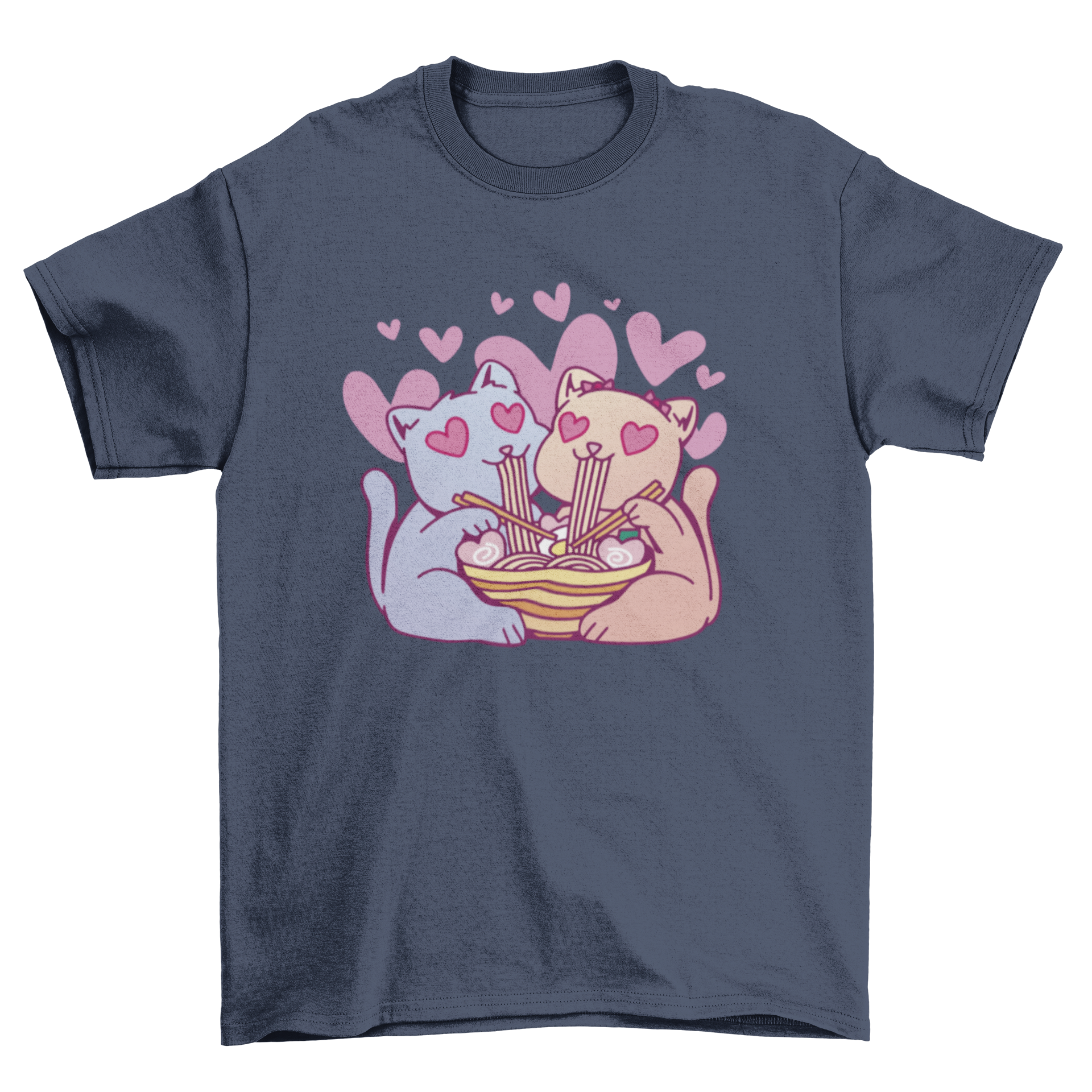 A cute t-shirt featuring two Kawaii cats joyfully eating ramen, showcasing a playful and colorful design.