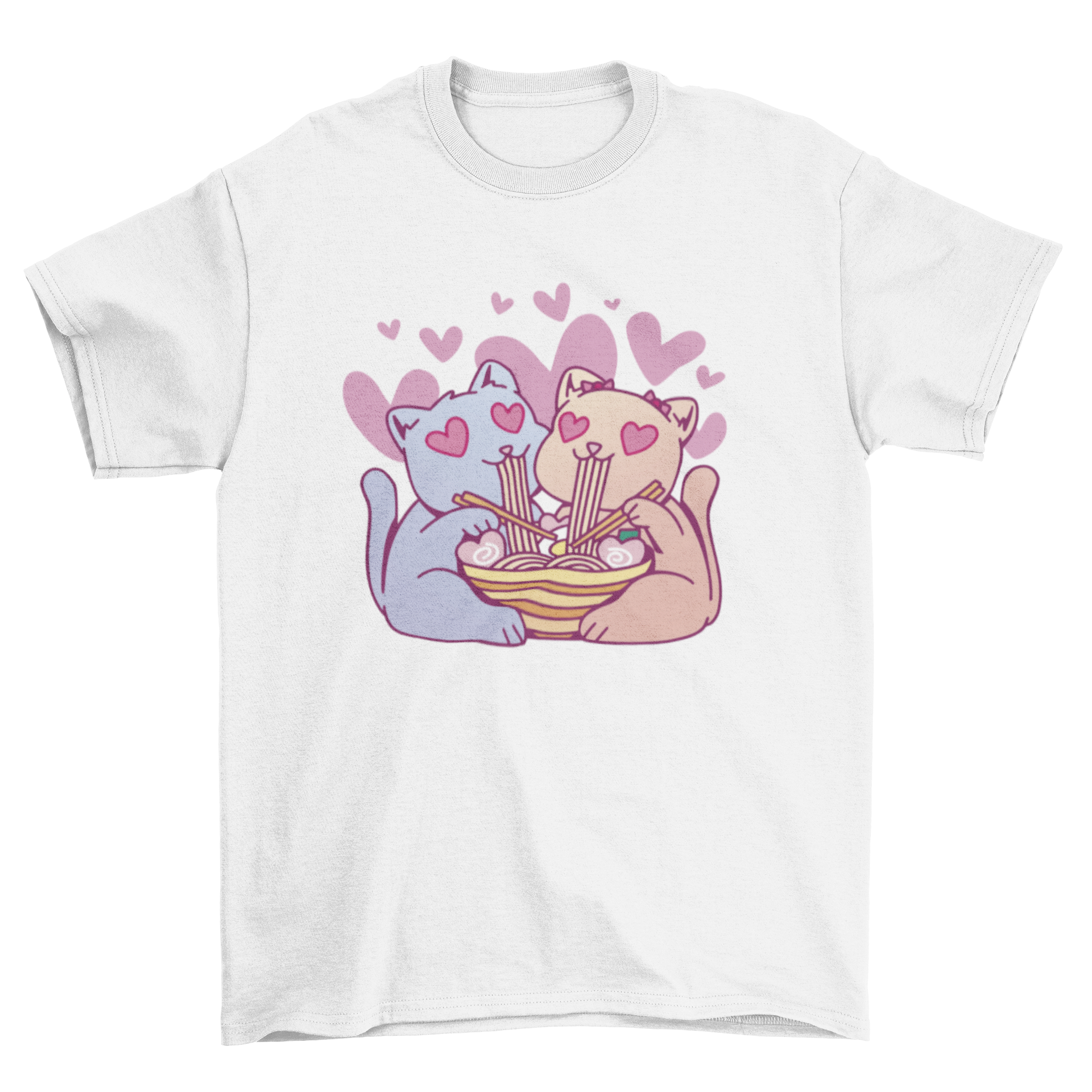 A cute t-shirt featuring two Kawaii cats joyfully eating ramen, showcasing a playful and colorful design.