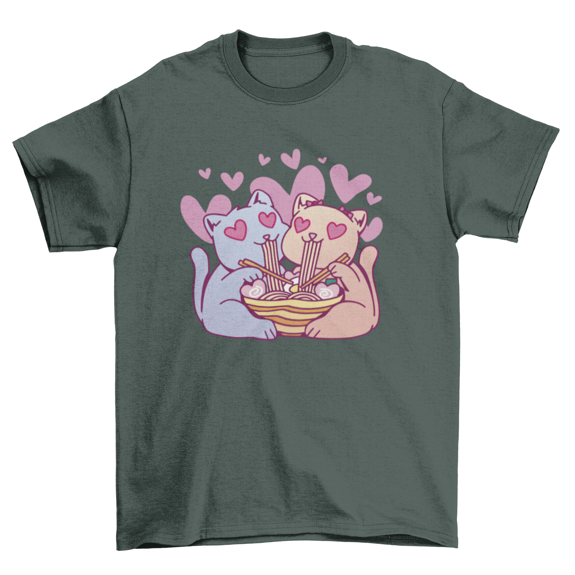 A cute t-shirt featuring two Kawaii cats joyfully eating ramen, showcasing a playful and colorful design.