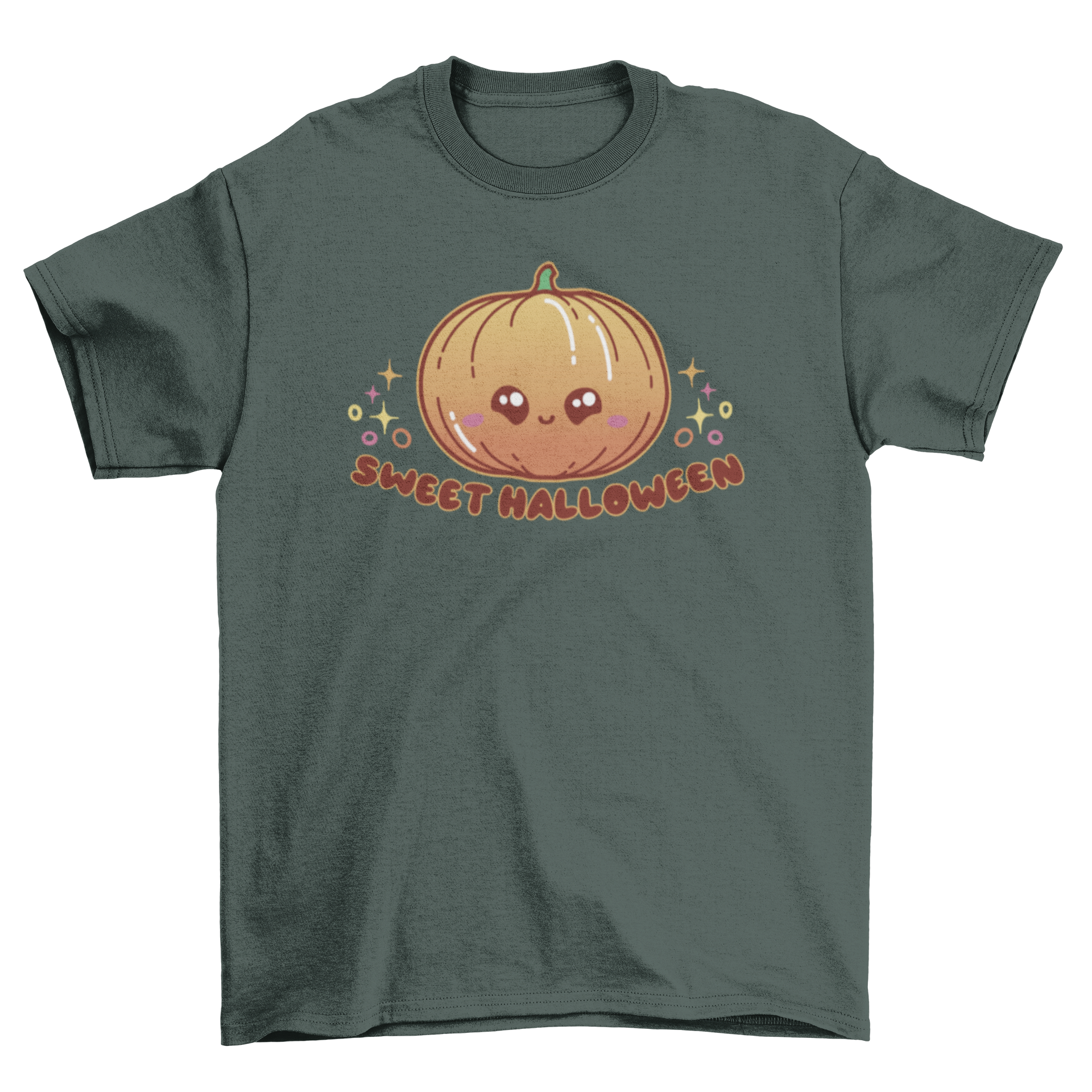 Kawaii Halloween Pumpkin T-shirt featuring a cute pumpkin and the quote 'Sweet Halloween'.