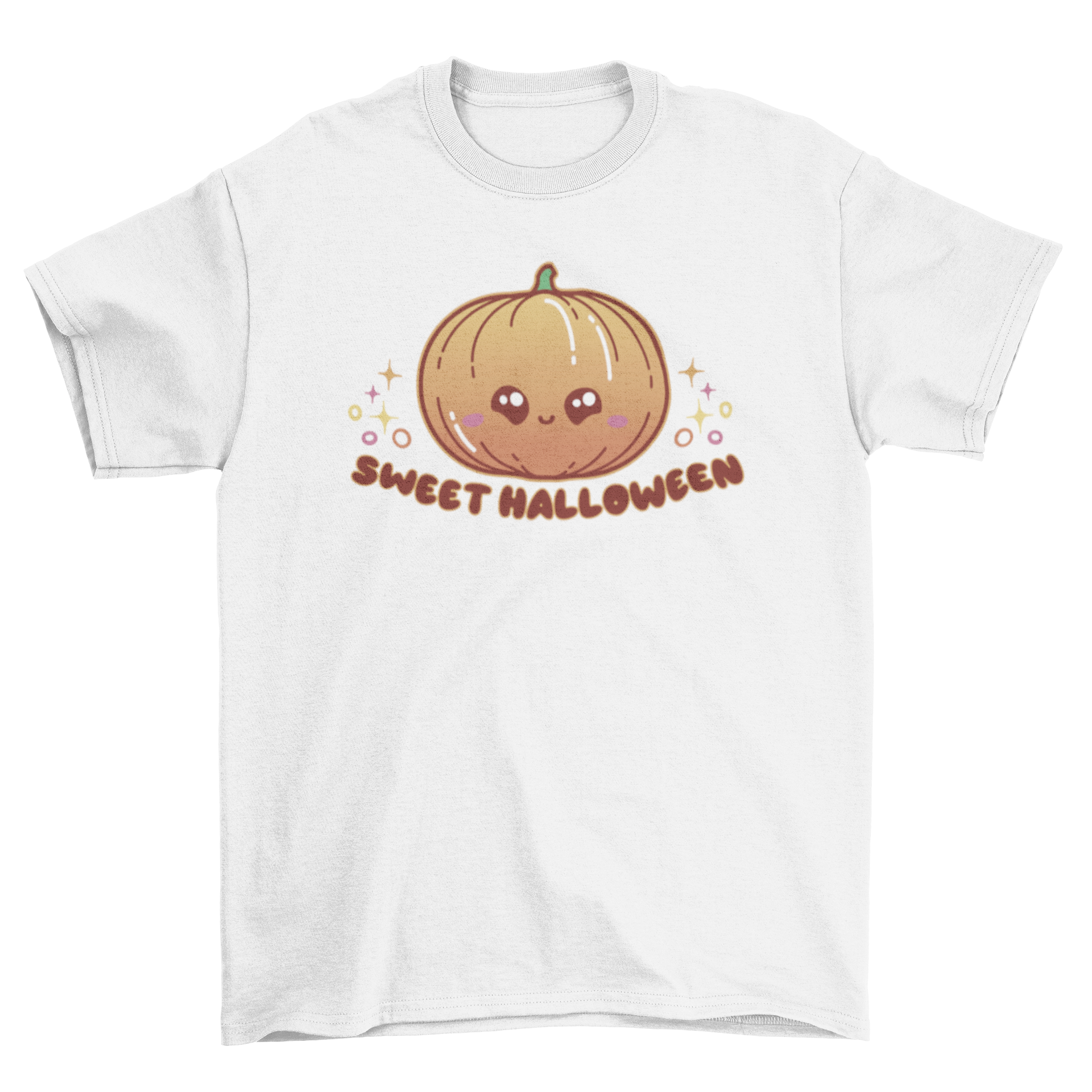 Kawaii Halloween Pumpkin T-shirt featuring a cute pumpkin and the quote 'Sweet Halloween'.