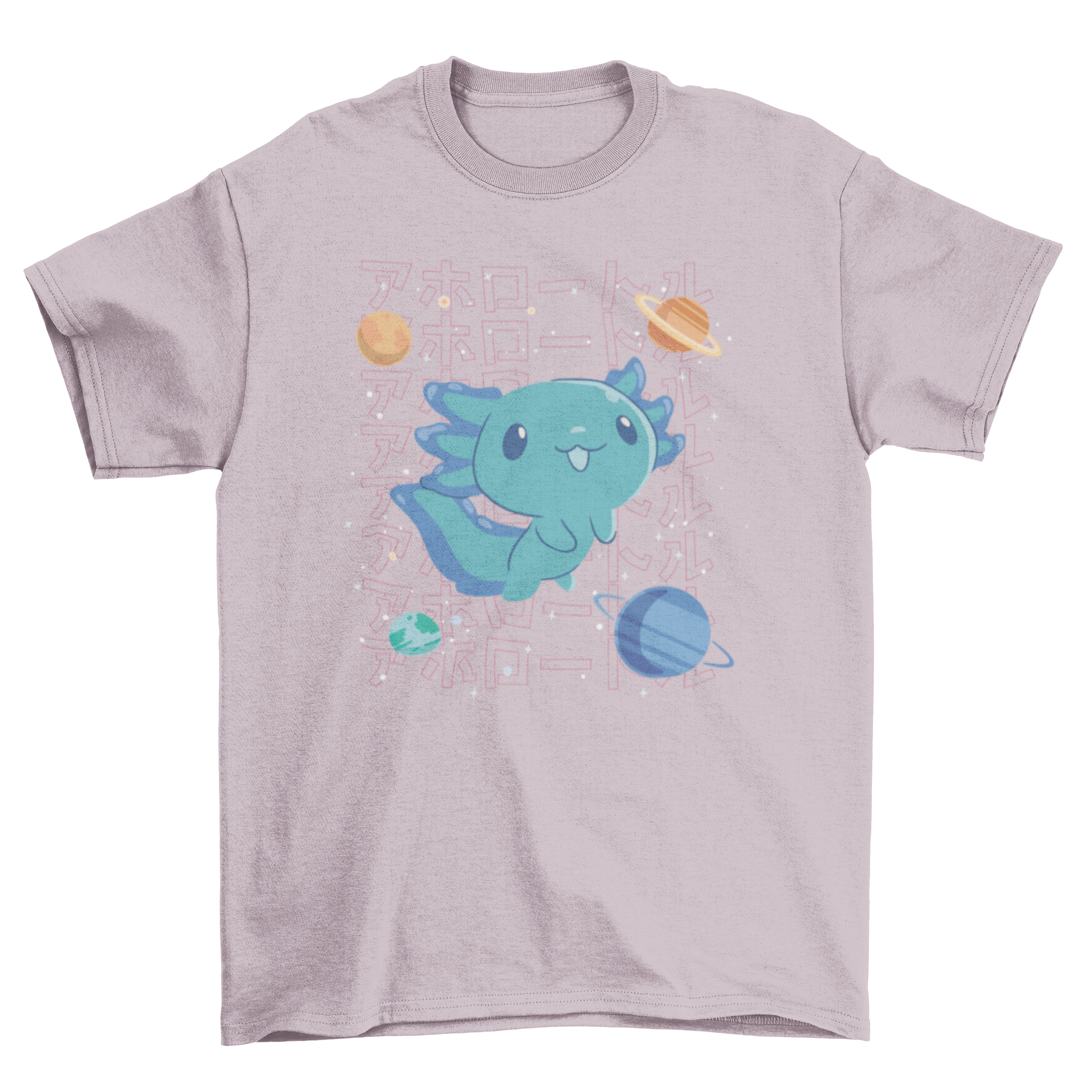 Kawaii space axolotl t-shirt featuring a cute axolotl in a cosmic background with stars and planets.