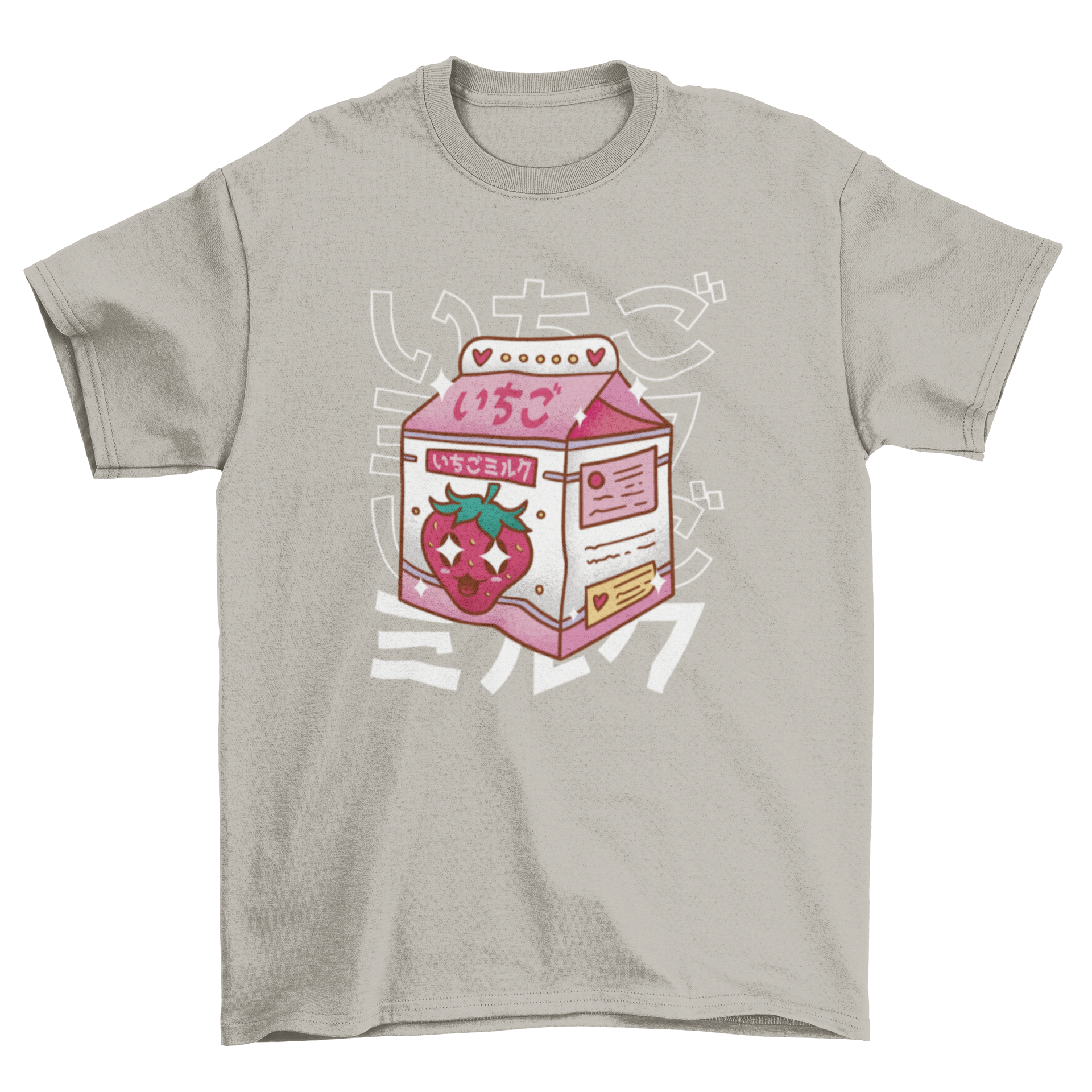 Kawaii t-shirt featuring a cute strawberry milk drink design with a Japanese quote.
