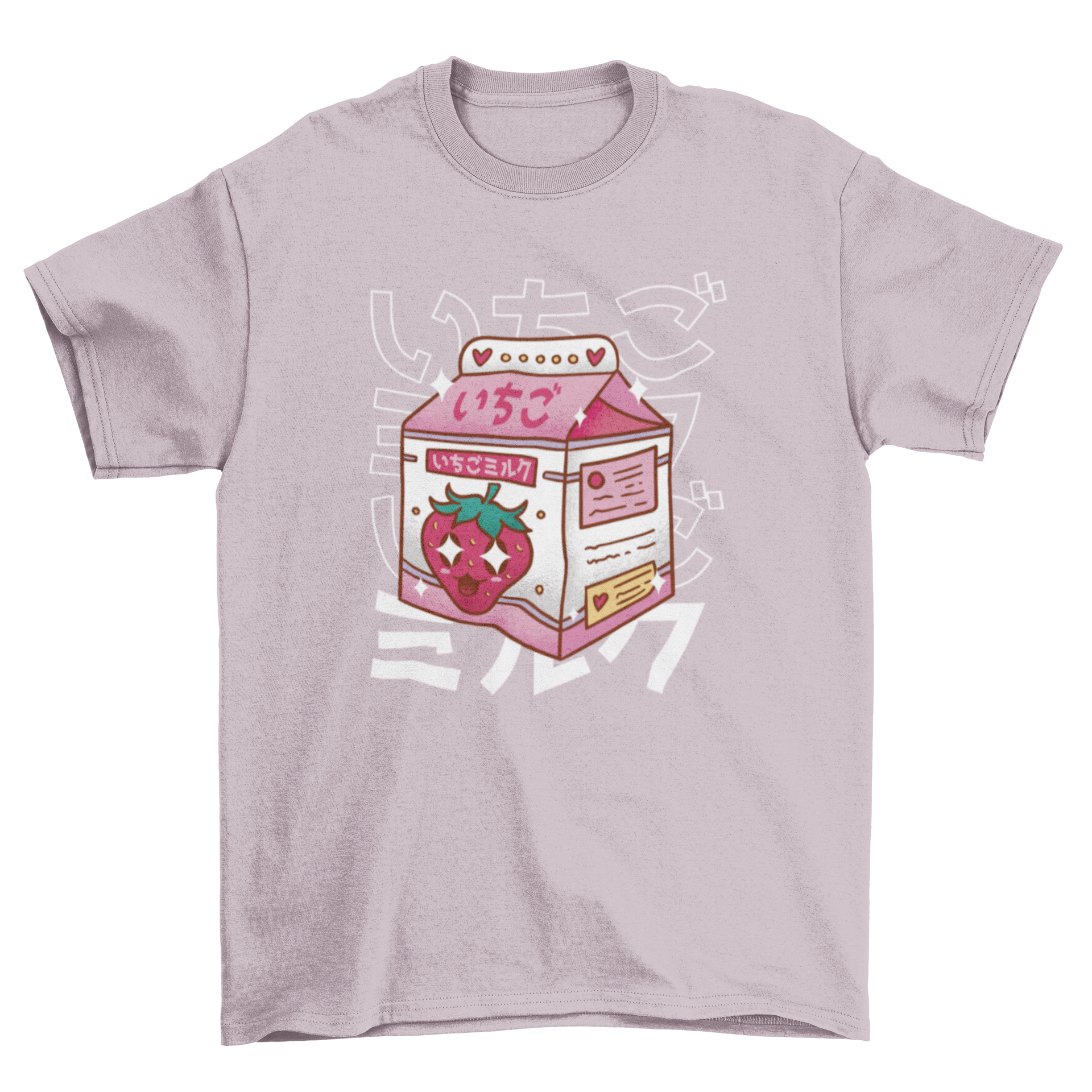 Kawaii t-shirt featuring a cute strawberry milk drink design with a Japanese quote.