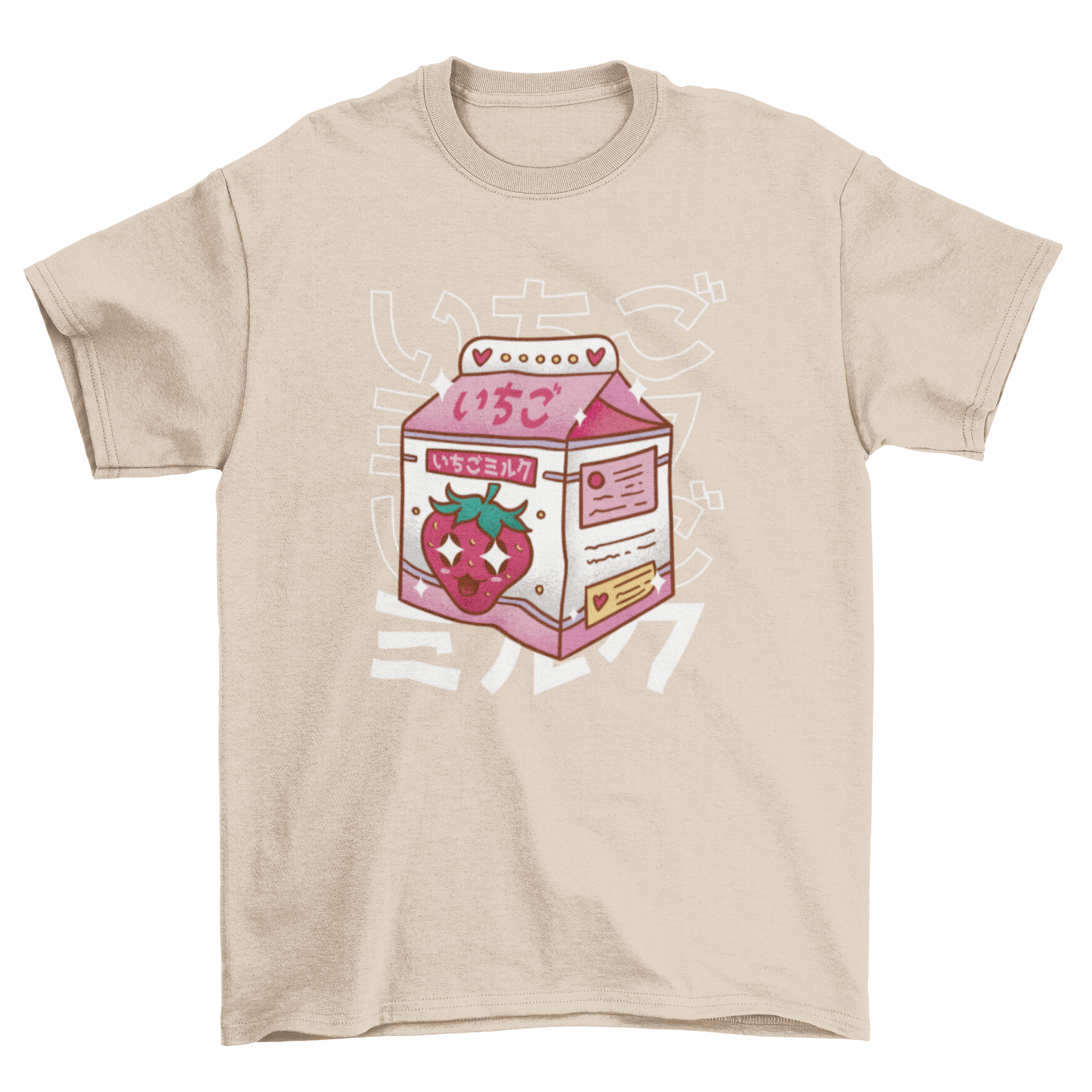 Kawaii t-shirt featuring a cute strawberry milk drink design with a Japanese quote.