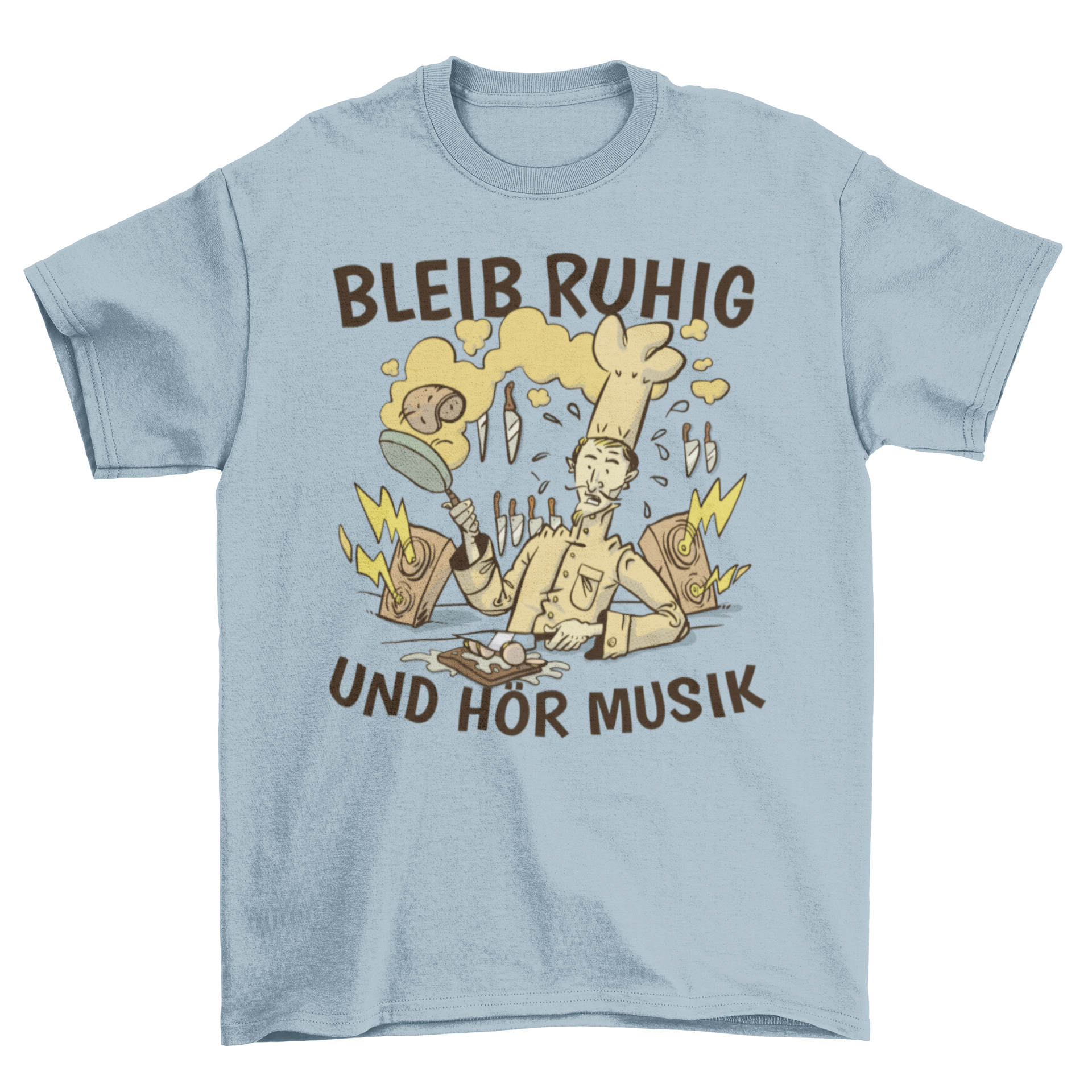 A stylish chef t-shirt featuring a chaotic kitchen scene and the German quote 'Keep calm and listen to music'.
