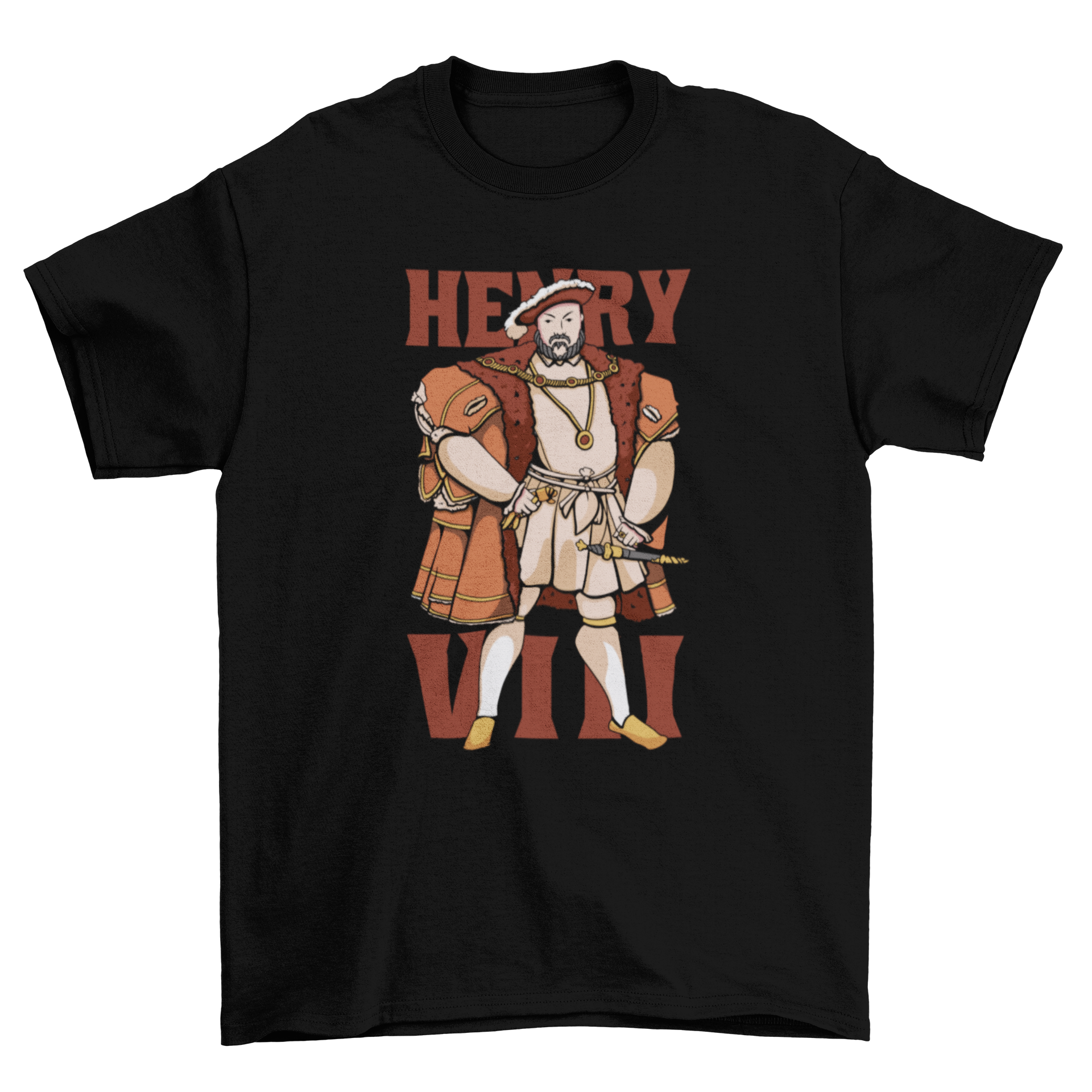 A stylish t-shirt featuring a detailed illustration of King Henry VIII in traditional royal attire, perfect for history lovers.