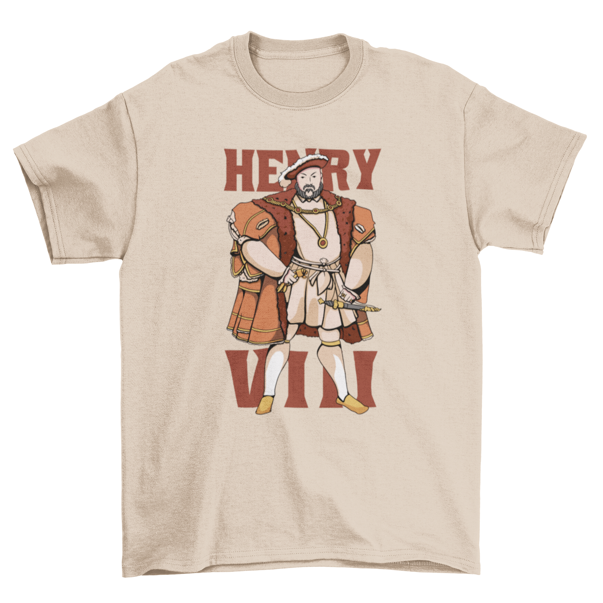 A stylish t-shirt featuring a detailed illustration of King Henry VIII in traditional royal attire, perfect for history lovers.