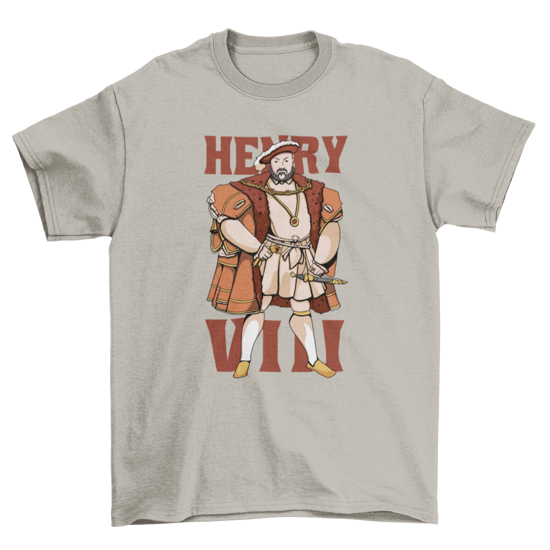 A stylish t-shirt featuring a detailed illustration of King Henry VIII in traditional royal attire, perfect for history lovers.