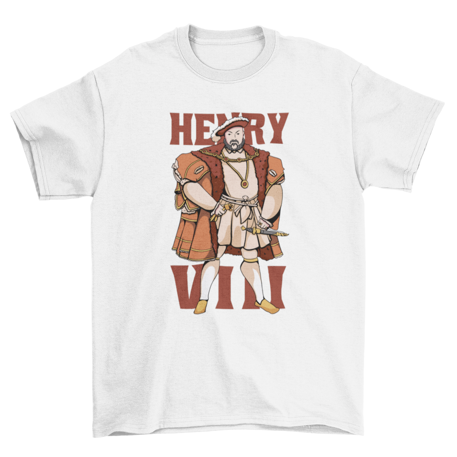 A stylish t-shirt featuring a detailed illustration of King Henry VIII in traditional royal attire, perfect for history lovers.