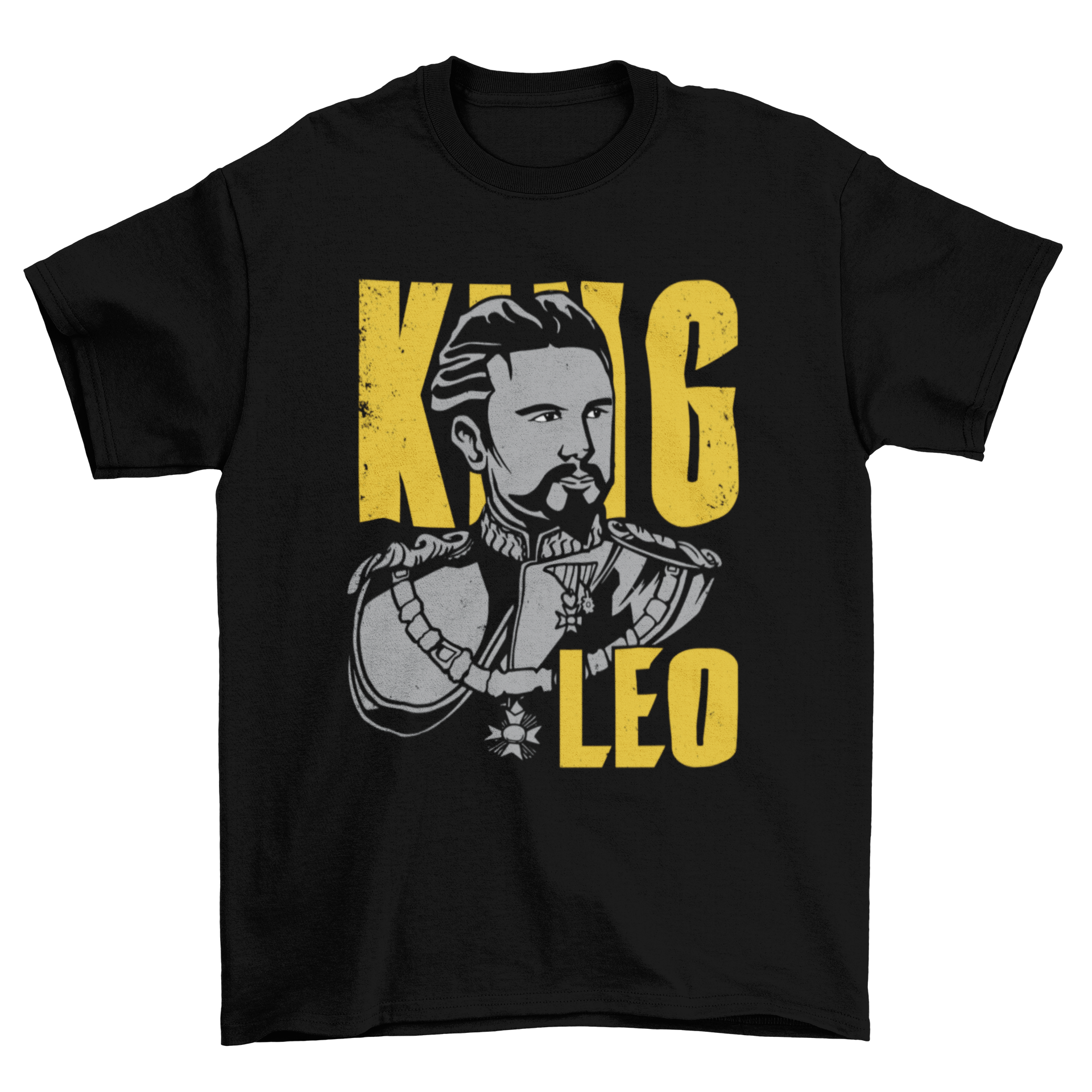 A stylish T-shirt featuring King Ludwig II of Bavaria with the text KING LEO, showcasing a regal design.