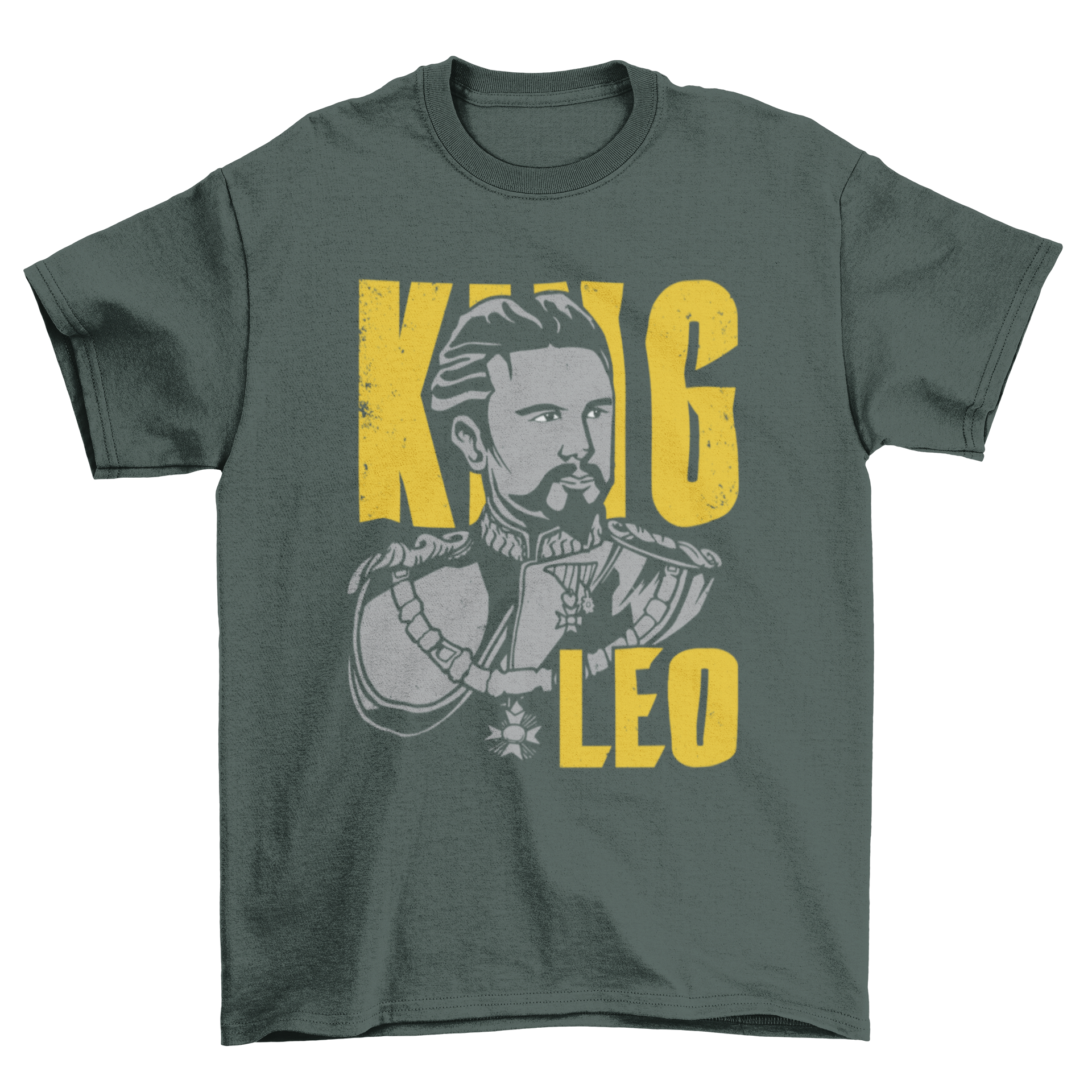 A stylish T-shirt featuring King Ludwig II of Bavaria with the text KING LEO, showcasing a regal design.