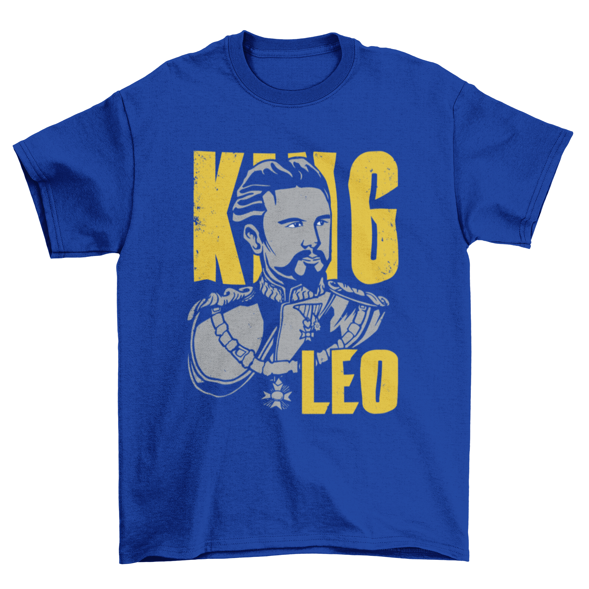 A stylish T-shirt featuring King Ludwig II of Bavaria with the text KING LEO, showcasing a regal design.