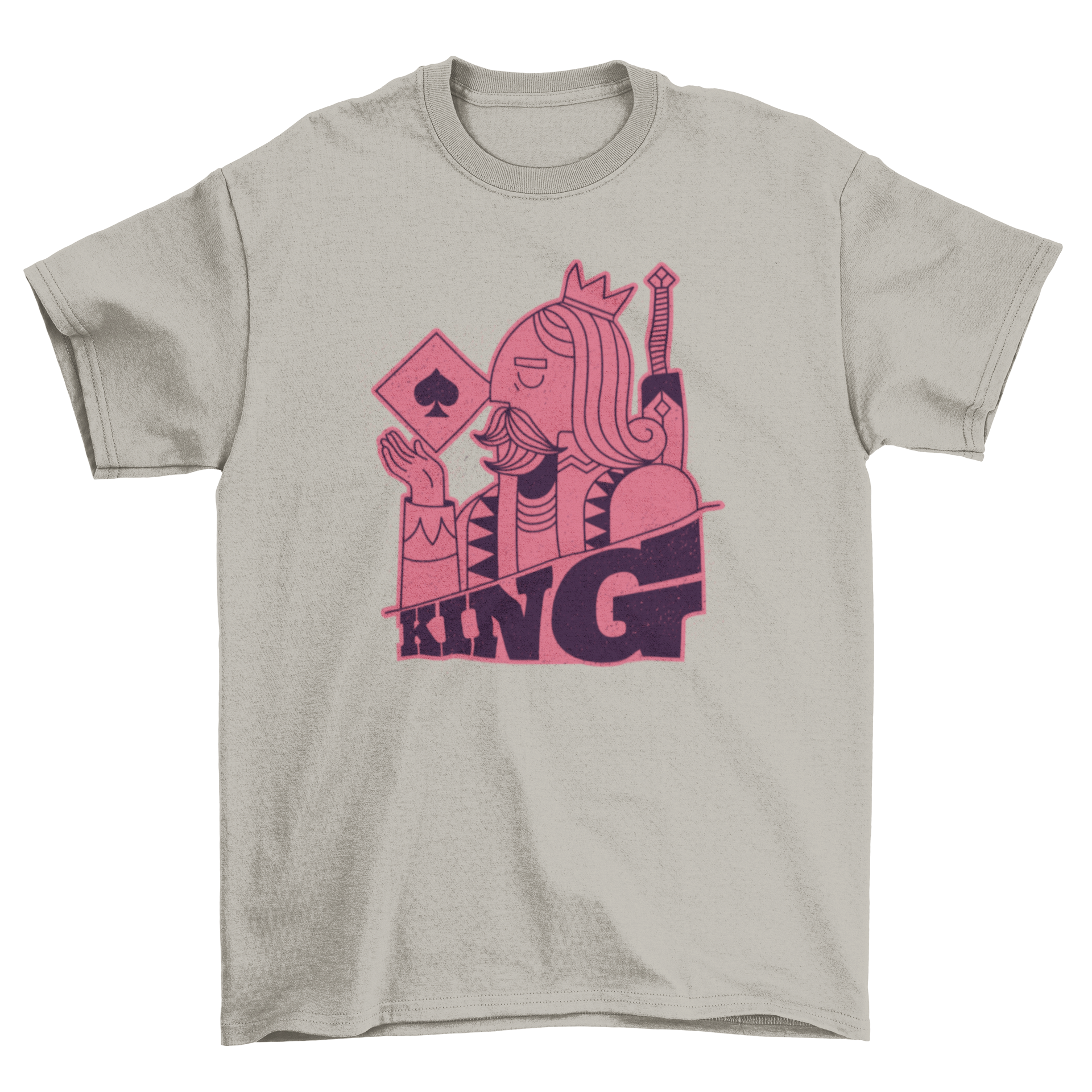 A stylish t-shirt featuring a cartoon king playing card holding a spades suit, with the word 'King' printed below.