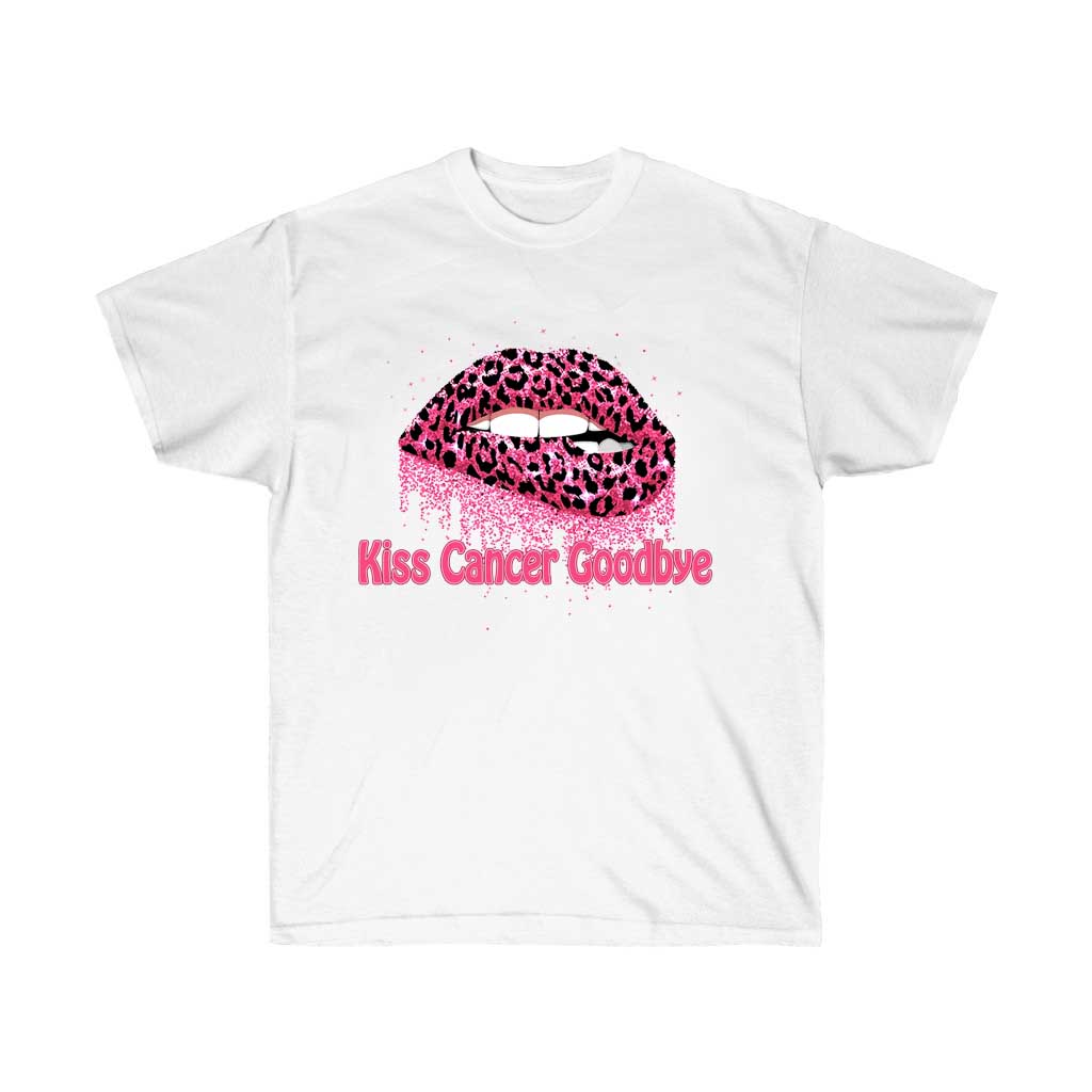 Kiss Cancer Goodbye Pink Leopard Lip T-Shirt featuring a stylish pink leopard lip design, made from 100% soft cotton, perfect for breast cancer awareness.