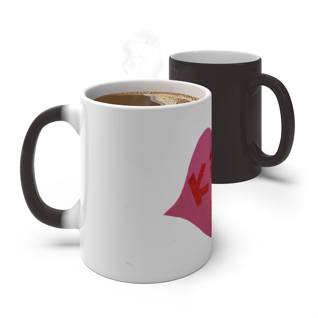 Kiss Me Color Changing Mug showcasing vibrant colors when filled with a hot beverage, featuring a rounded design and C-handle.