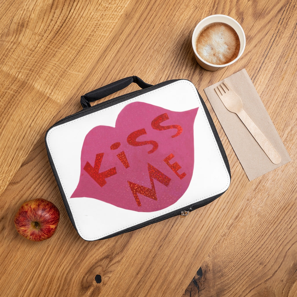 Kiss Me Lunch Bag featuring a black base and customizable white area, ideal for adults and kids.