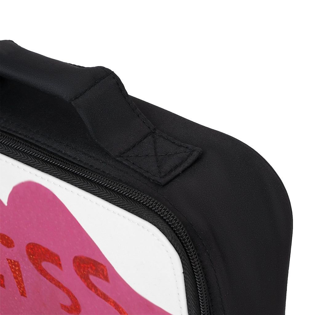 Kiss Me Lunch Bag featuring a black base and customizable white area, ideal for adults and kids.