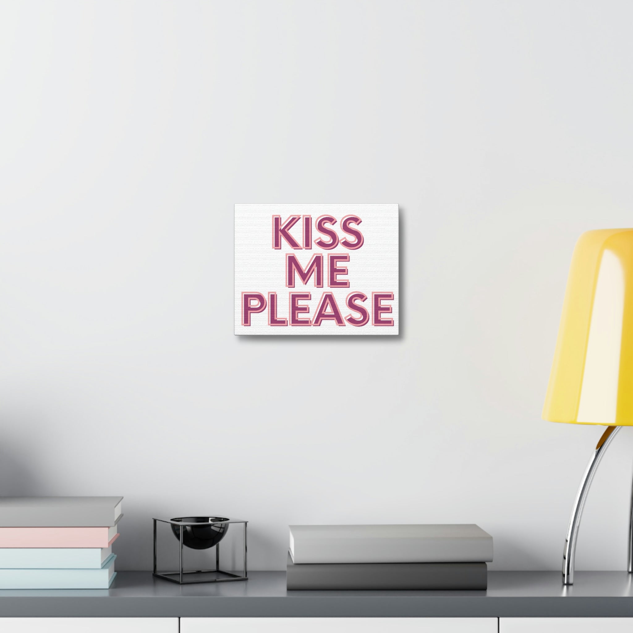 Kiss Me Please Stretched Canvas art piece with vibrant colors and detailed design, mounted on a sturdy wooden frame.