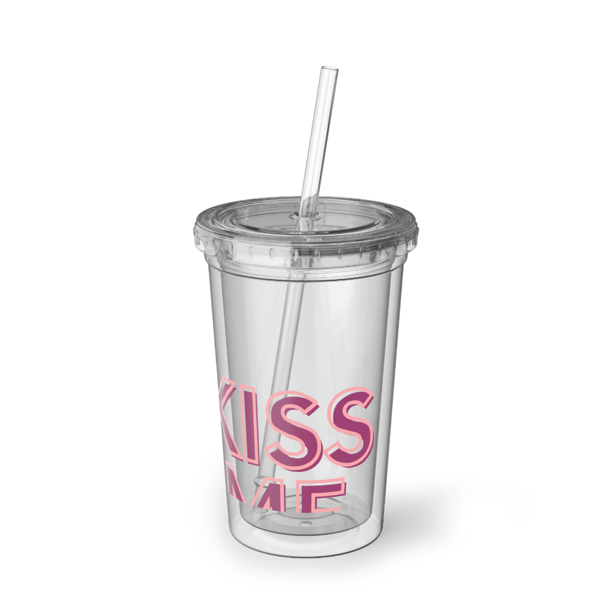 Kiss Me Please Suave Acrylic Cup with vibrant artwork, double-wall insulation, and a straw, perfect for hot and cold beverages.