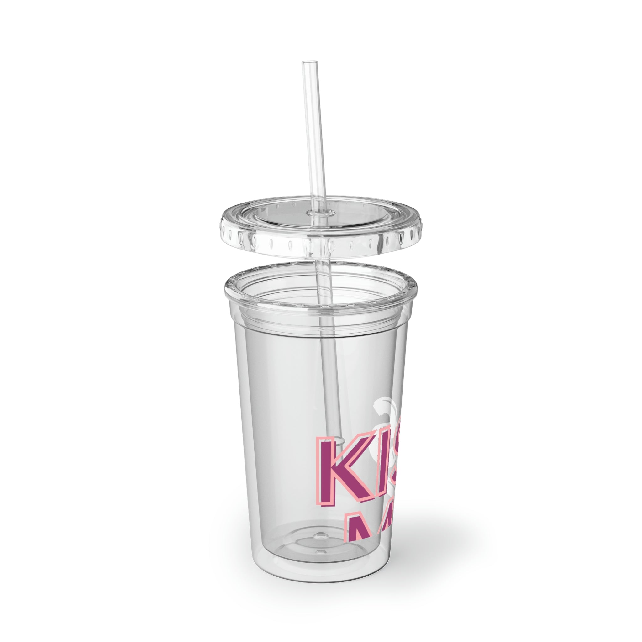 Kiss Me Please Suave Acrylic Cup with vibrant artwork, double-wall insulation, and a straw, perfect for hot and cold beverages.