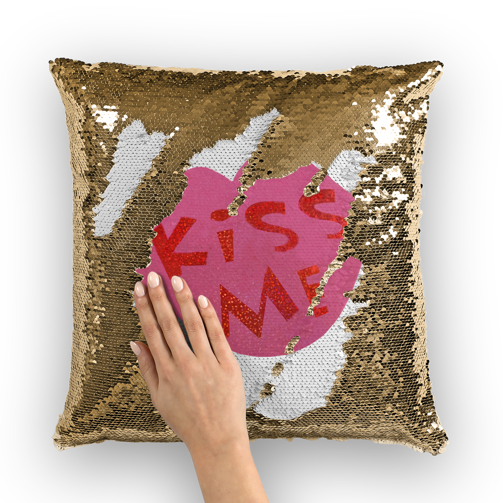 Kiss Me Sequin Cushion Cover featuring a vibrant mermaid design with shimmering sequins on a soft polyester fabric.