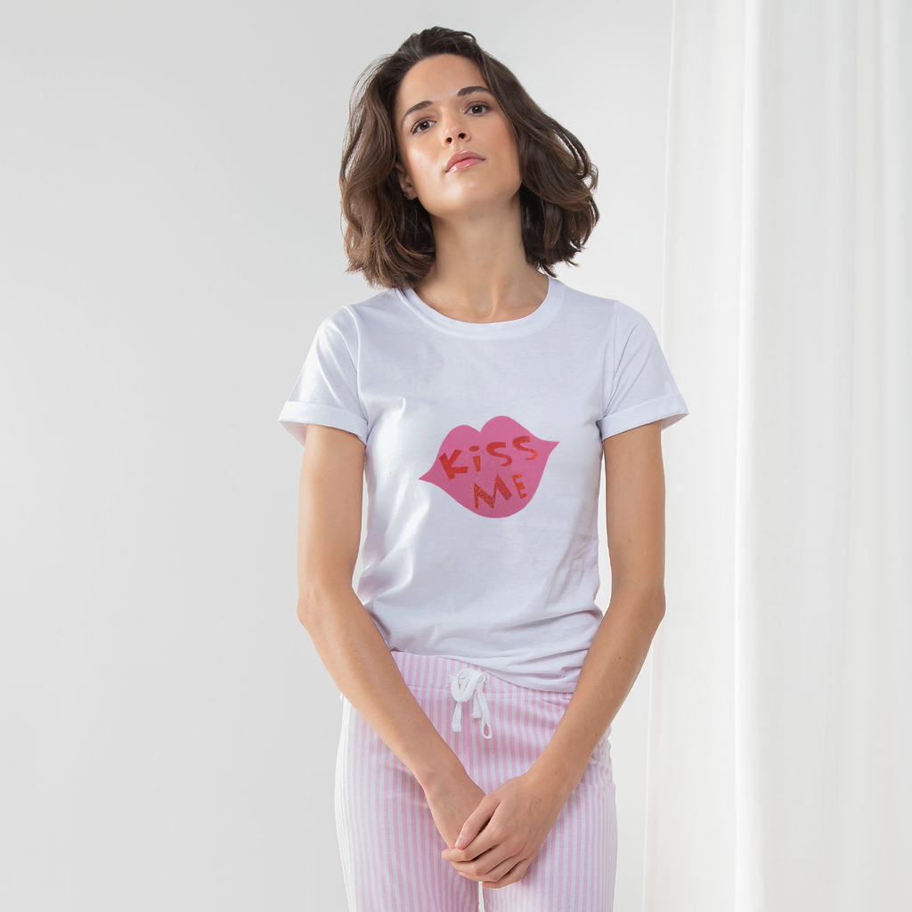 Kiss Me Women's Long Pant Pyjama Set featuring a white t-shirt with turn-up cuffs and striped pants in heather grey or light pink.