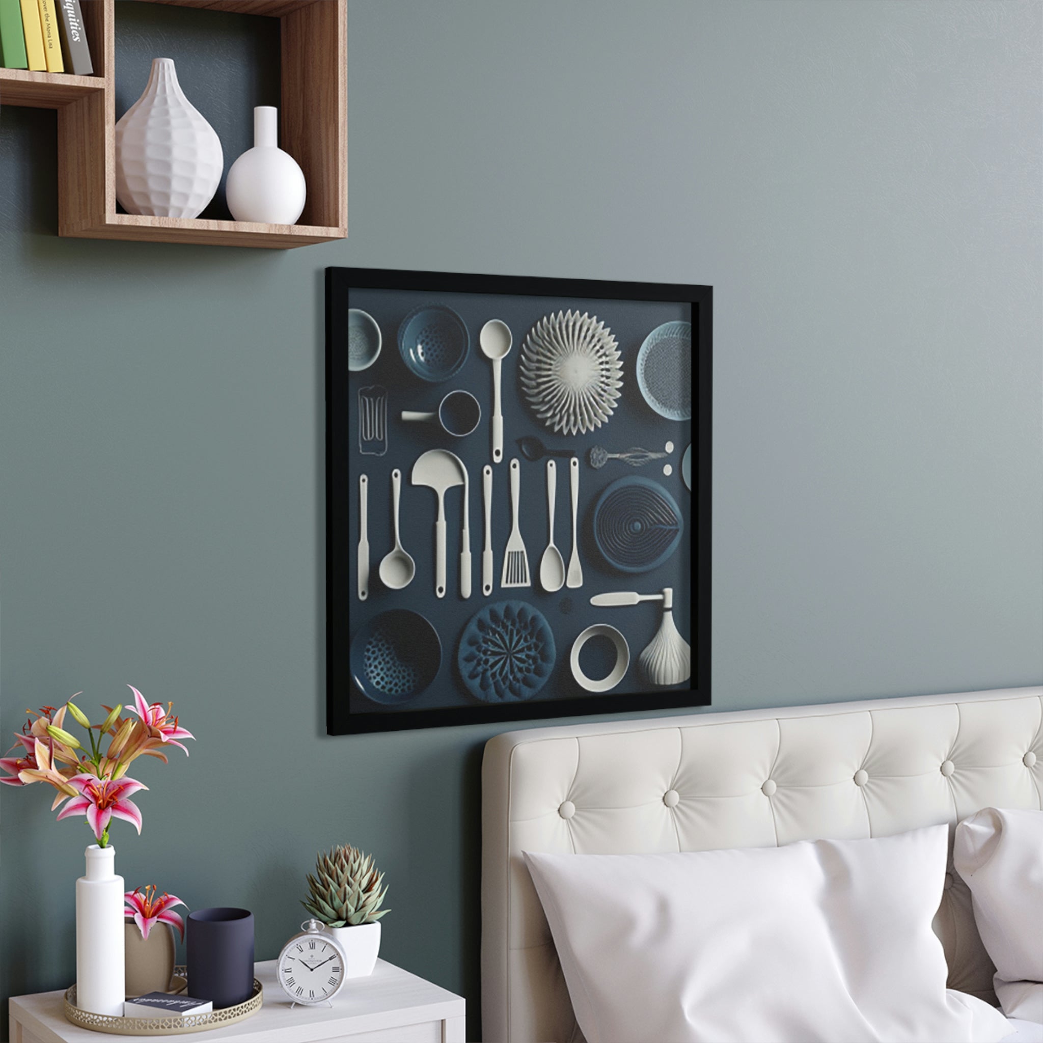 A beautifully framed poster featuring various kitchen utensils, showcasing a hand-crafted wooden frame and vibrant colors.