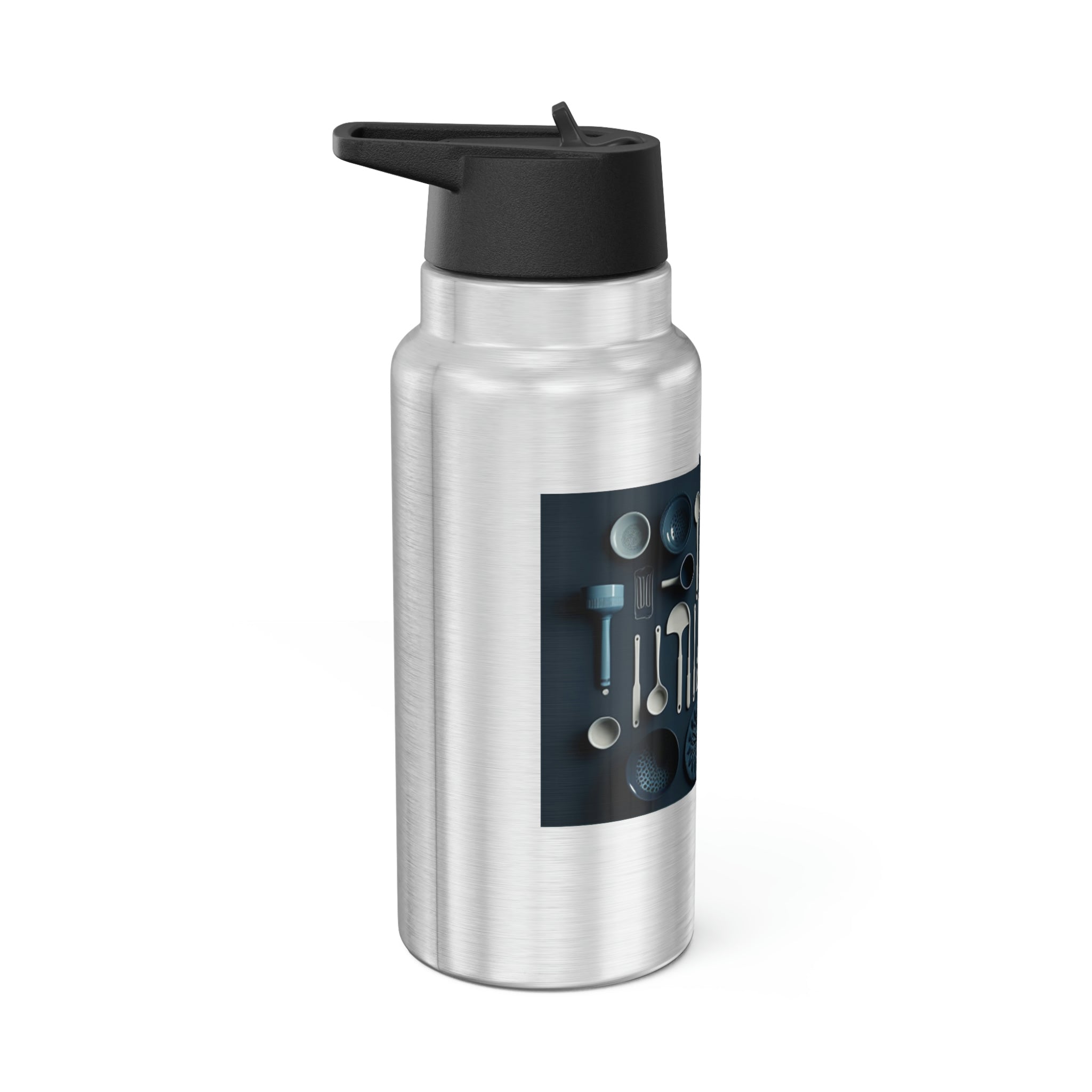 Kitchen Utensils Gator Tumbler in stainless steel with a black screw-on cap and plastic straw, showcasing a customizable design.