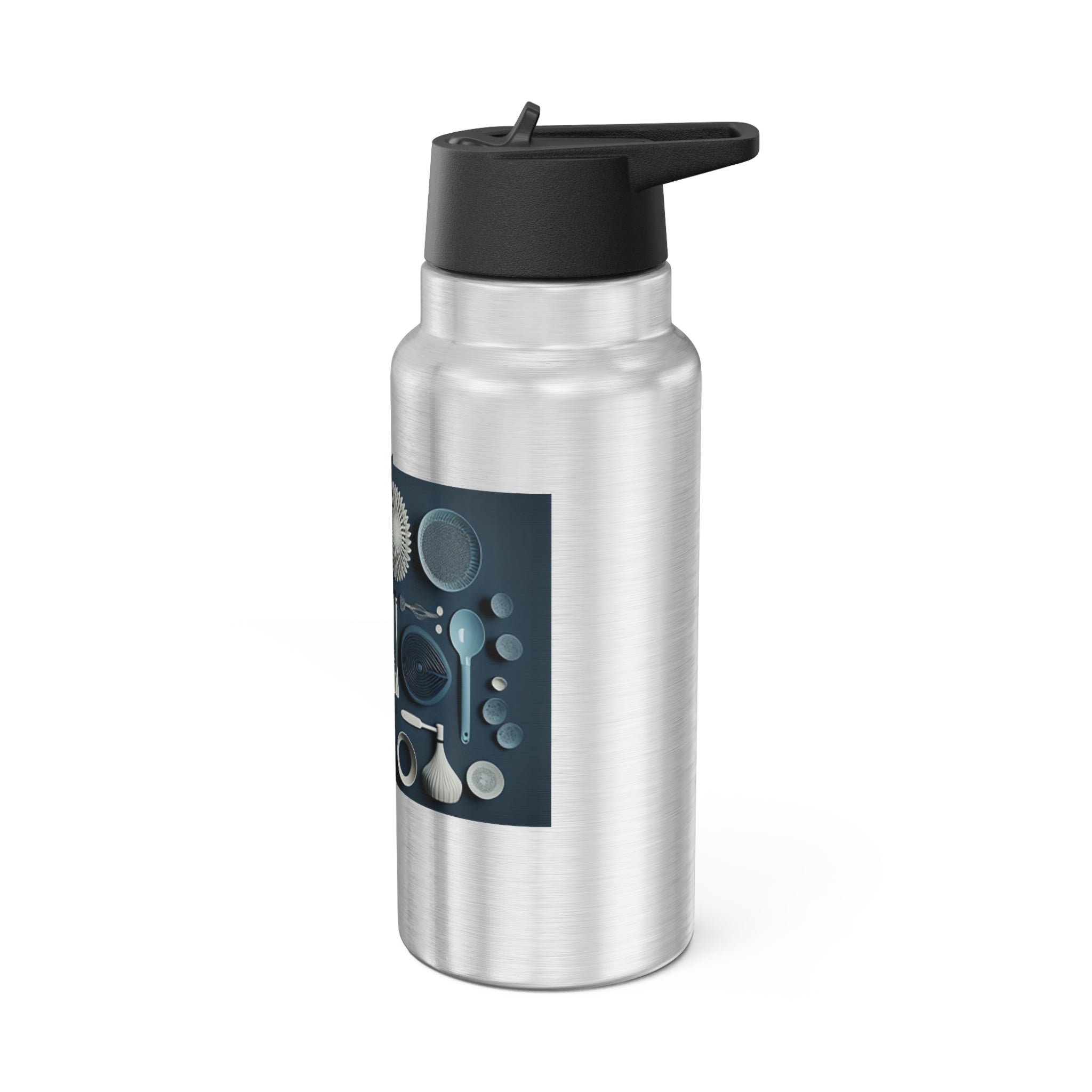 Kitchen Utensils Gator Tumbler in stainless steel with a black screw-on cap and plastic straw, showcasing a customizable design.