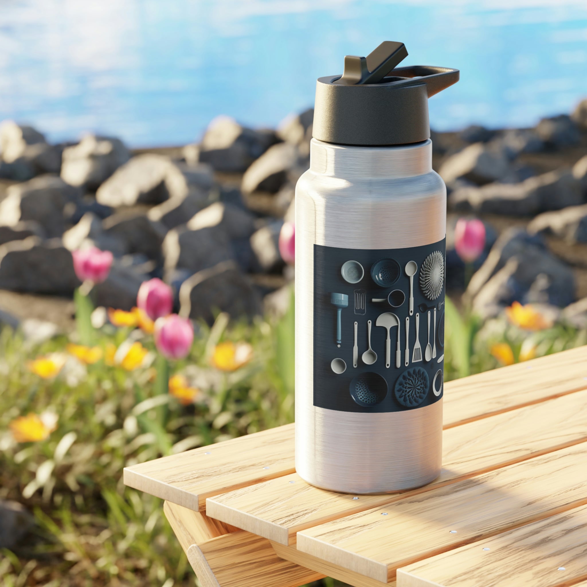 Kitchen Utensils Gator Tumbler in stainless steel with a black screw-on cap and plastic straw, showcasing a customizable design.