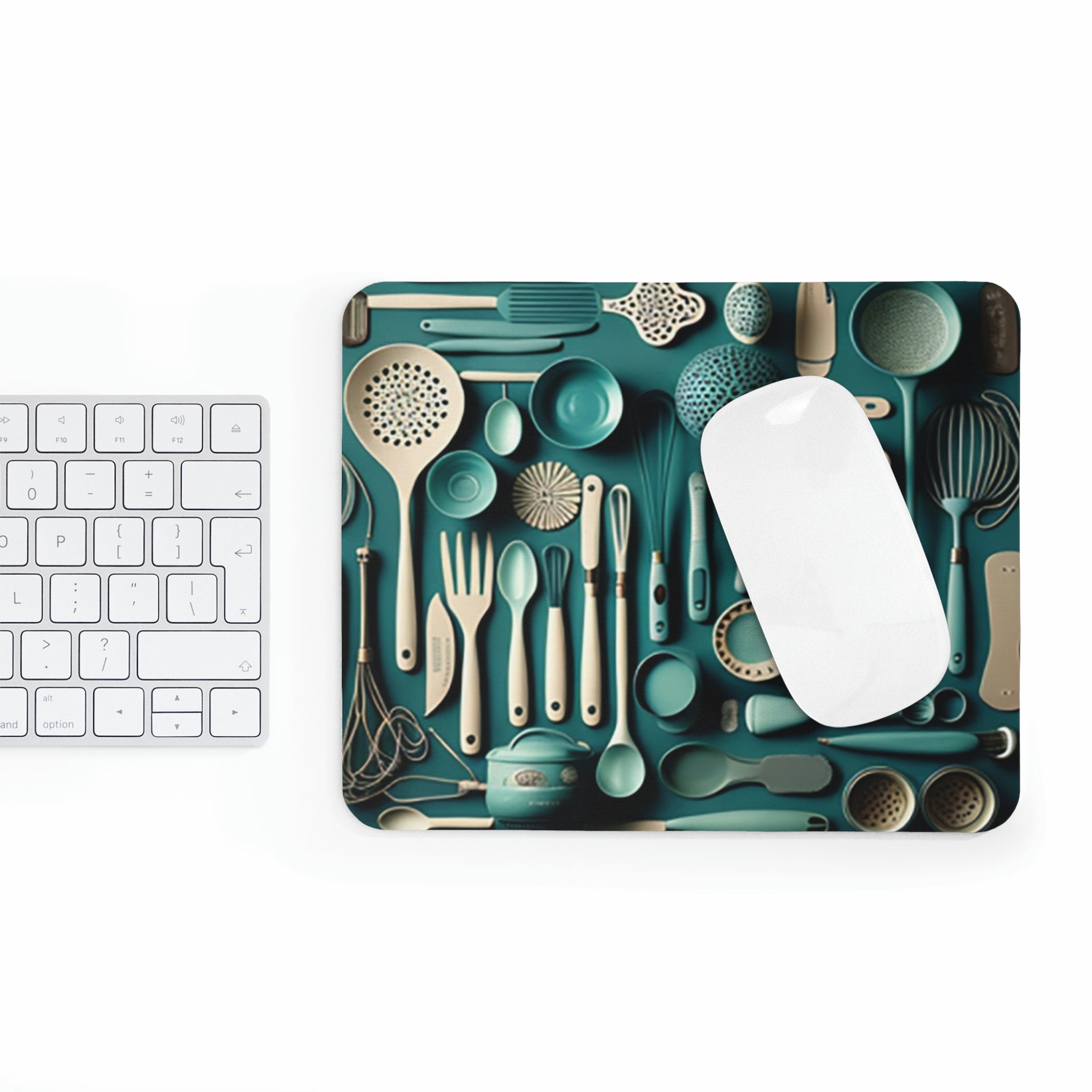 Kitchen Utensils Mouse Pad featuring vibrant kitchen tool designs on a smooth surface with a non-slip rubber base.
