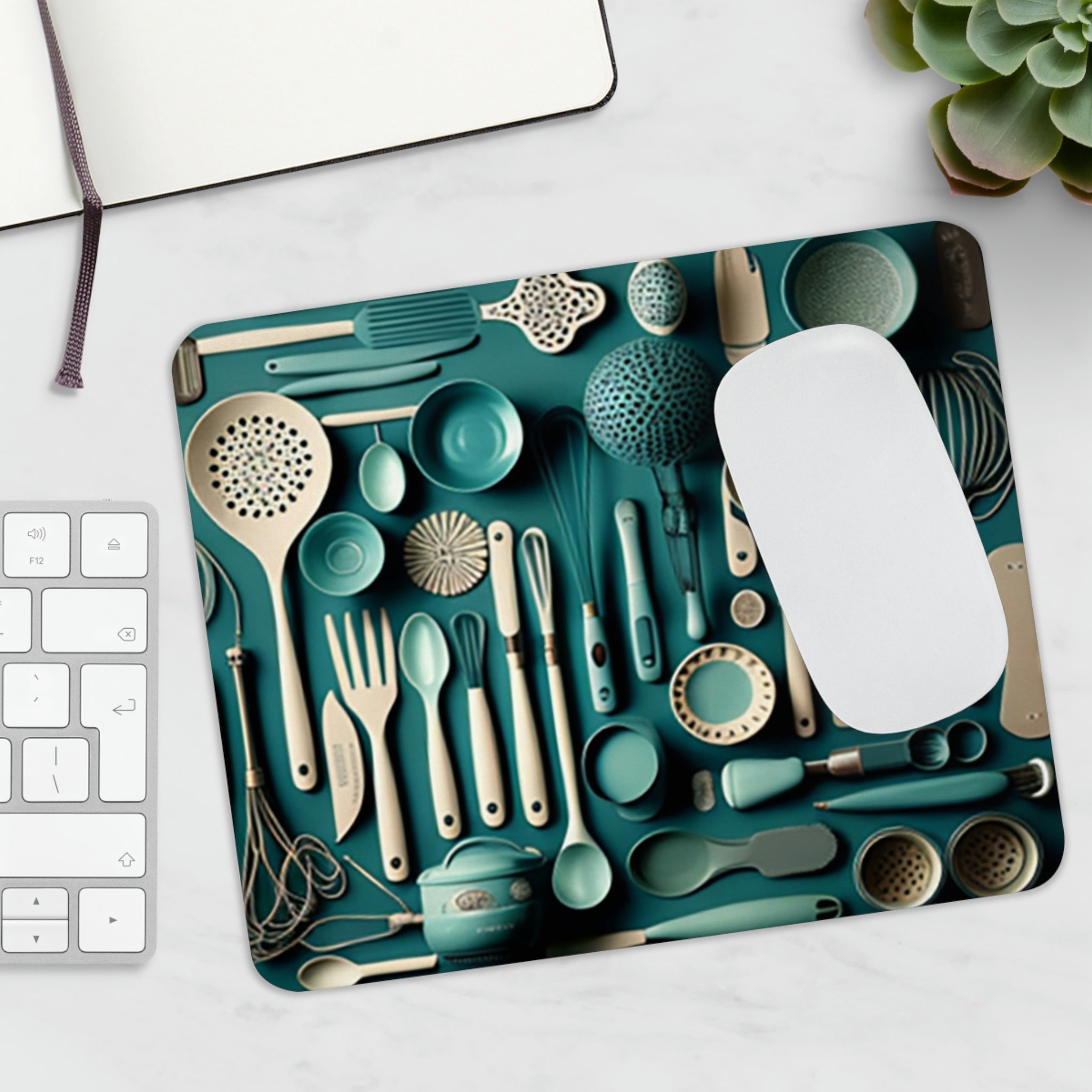 Kitchen Utensils Mouse Pad featuring vibrant kitchen tool designs on a smooth surface with a non-slip rubber base.