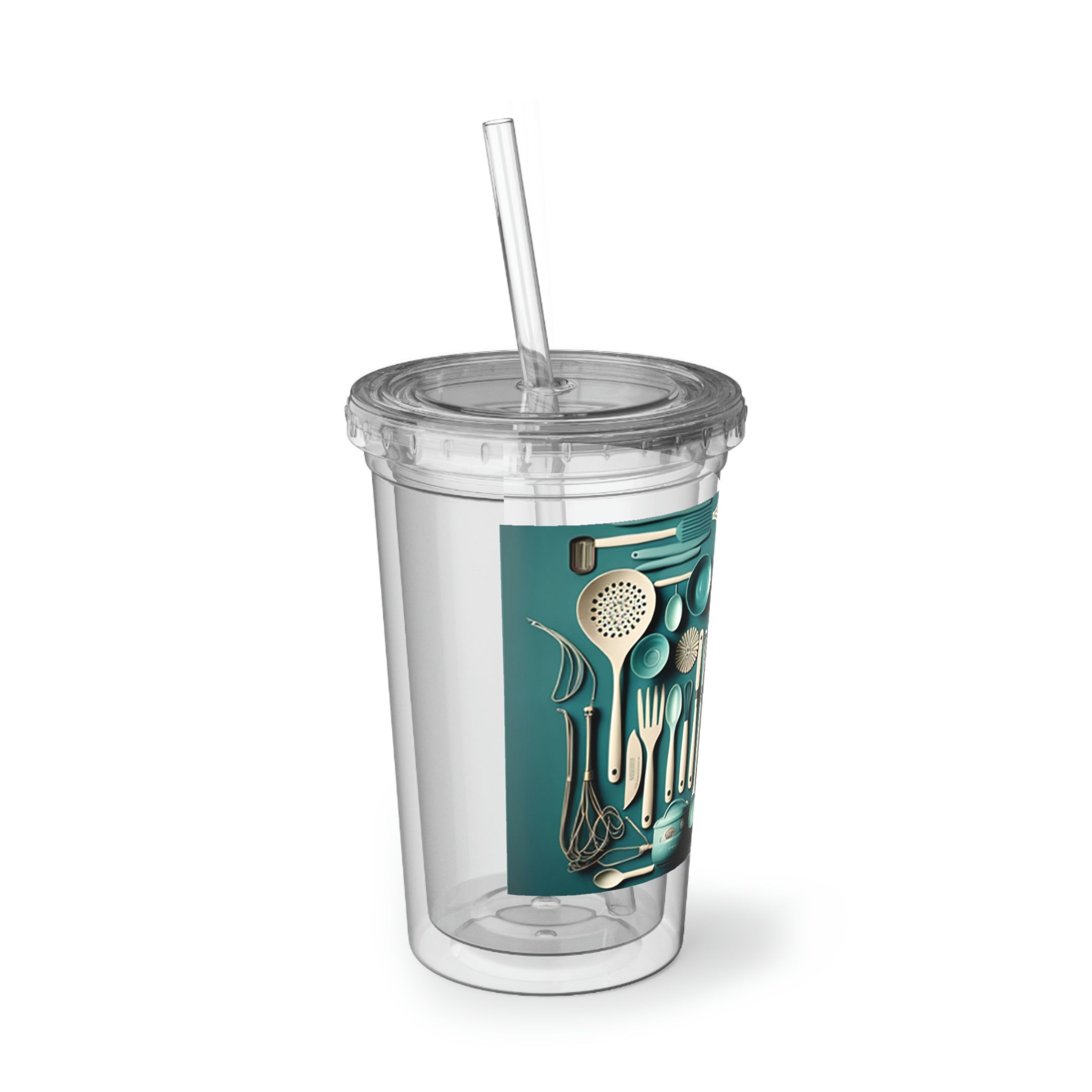 A stylish 32 oz Kitchen Utensils Suave Acrylic Cup made of stainless steel with a black screw-on cap and a plastic straw, showcasing a customizable design.