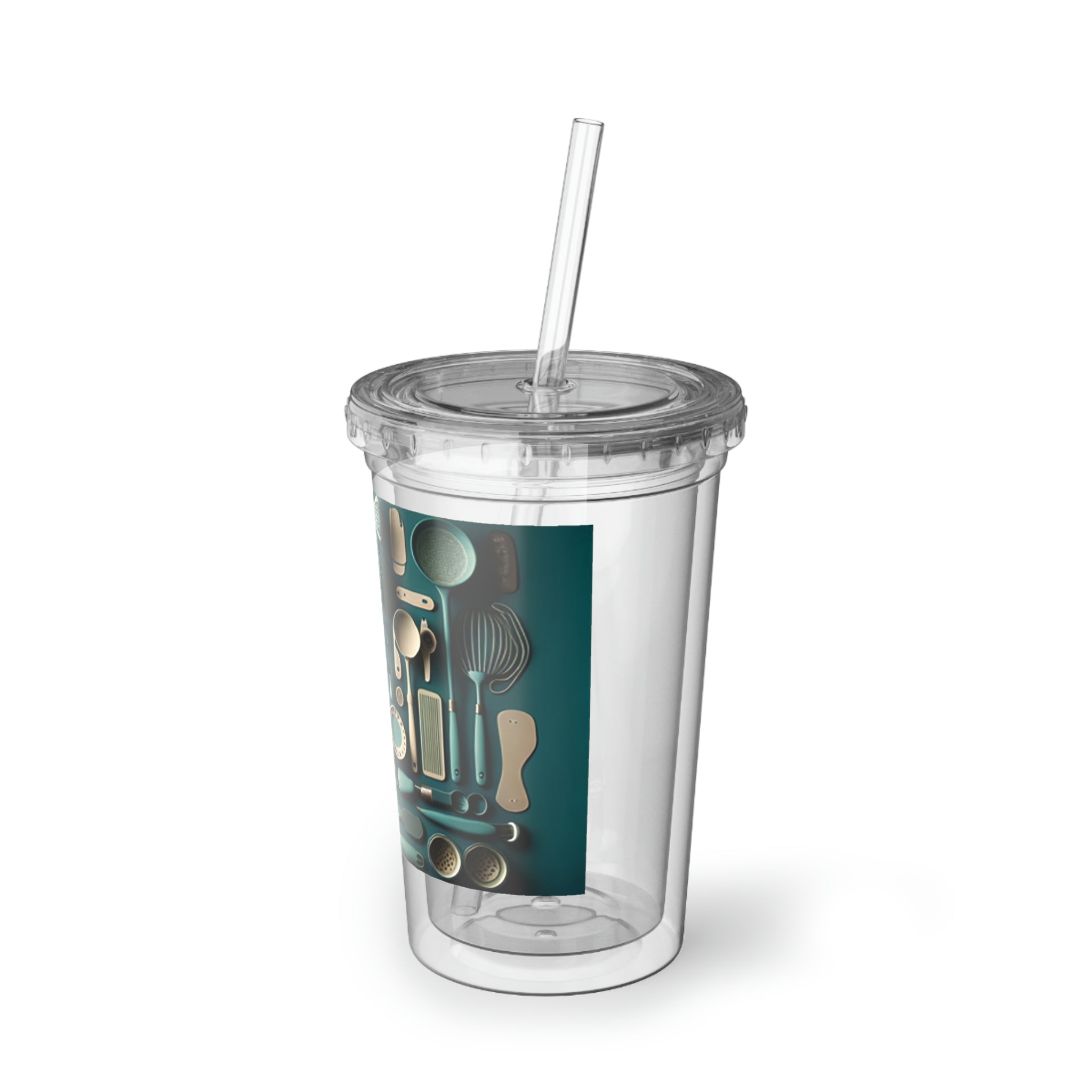 A stylish 32 oz Kitchen Utensils Suave Acrylic Cup made of stainless steel with a black screw-on cap and a plastic straw, showcasing a customizable design.