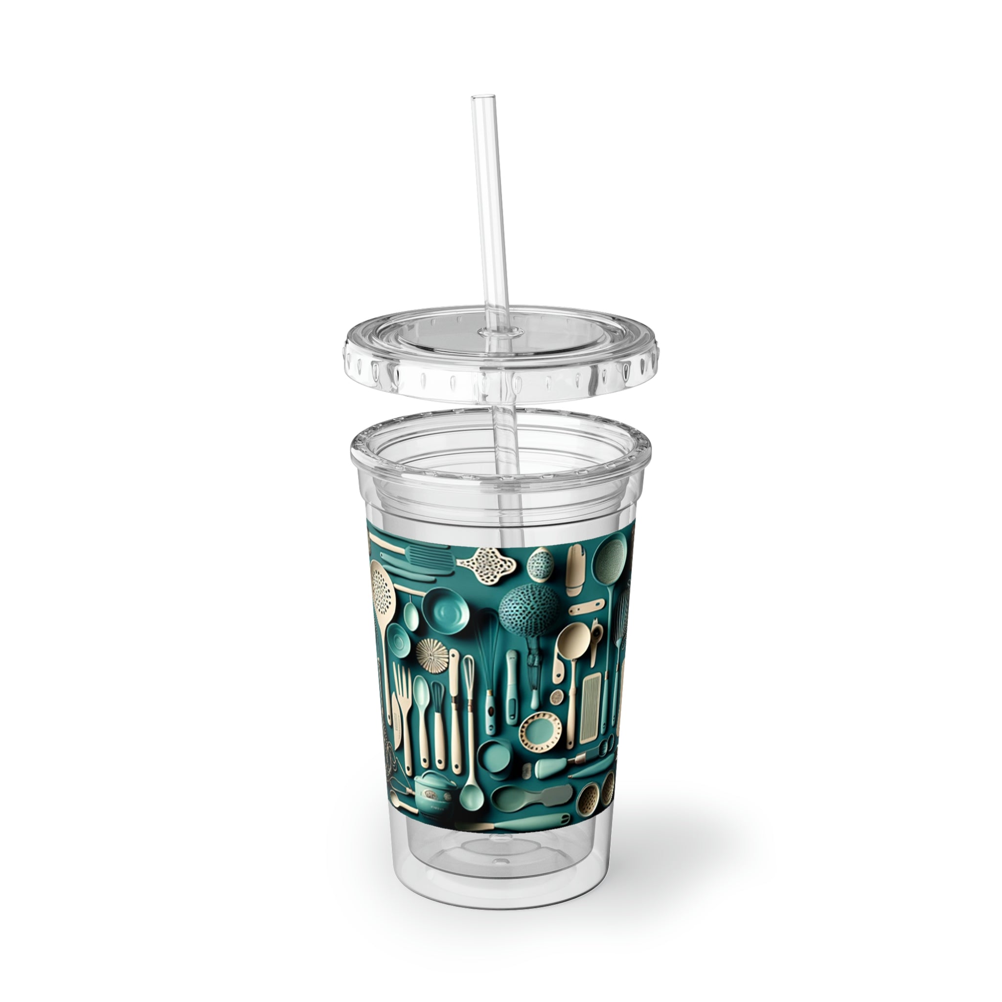 A stylish 32 oz Kitchen Utensils Suave Acrylic Cup made of stainless steel with a black screw-on cap and a plastic straw, showcasing a customizable design.