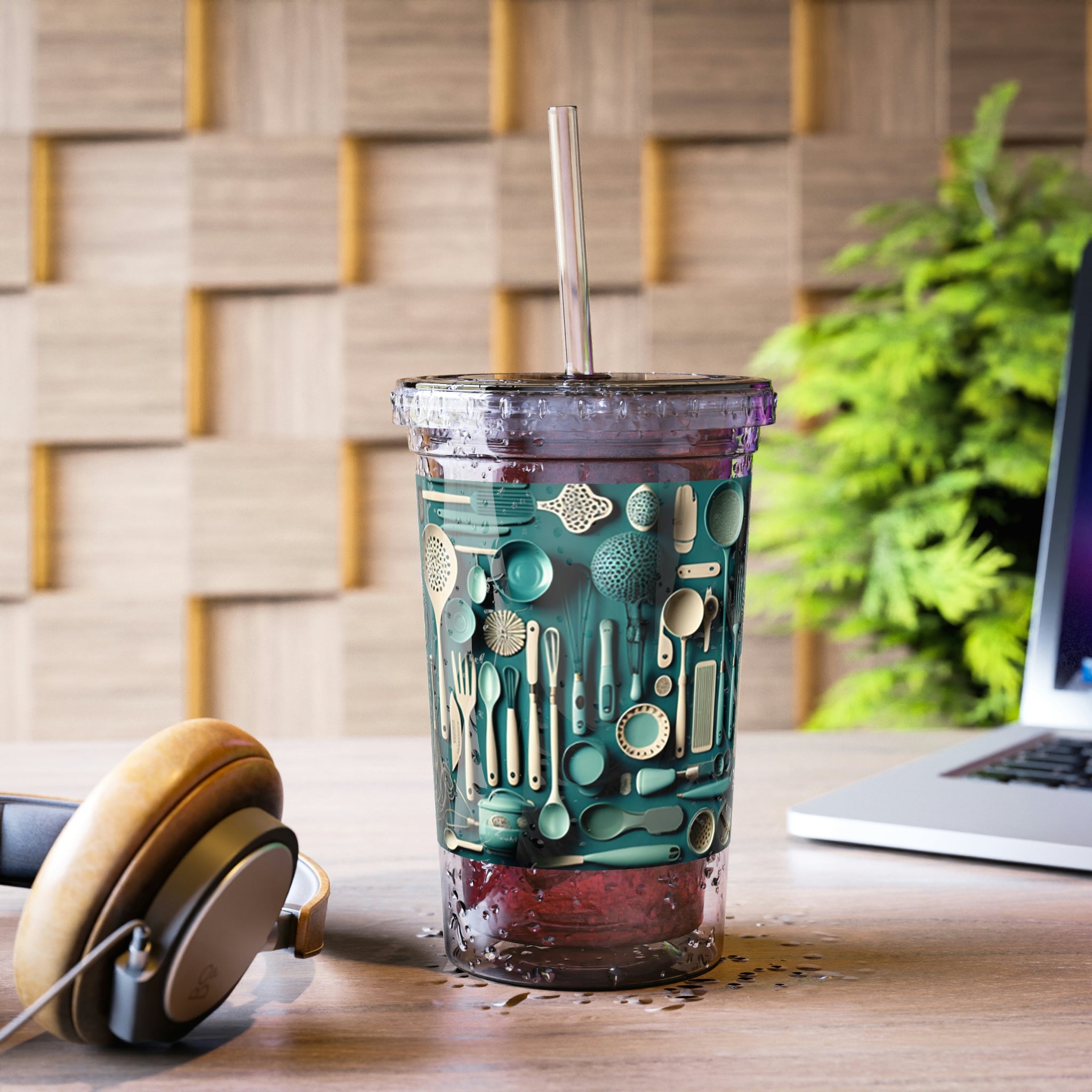 A stylish 32 oz Kitchen Utensils Suave Acrylic Cup made of stainless steel with a black screw-on cap and a plastic straw, showcasing a customizable design.