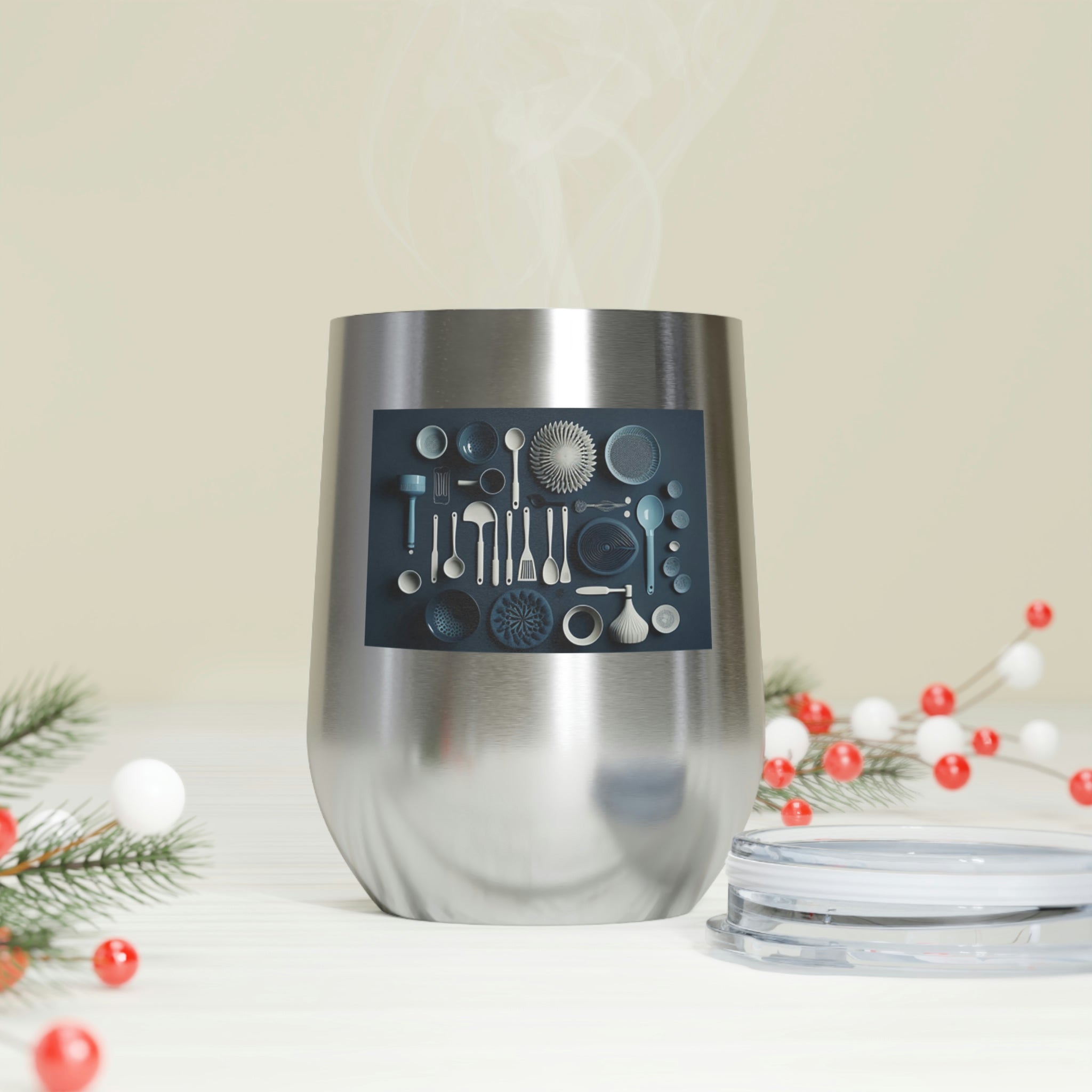 Stylish Kitchen Utensils Wine Tumbler with clear lid and stainless steel body, perfect for hot and cold beverages.