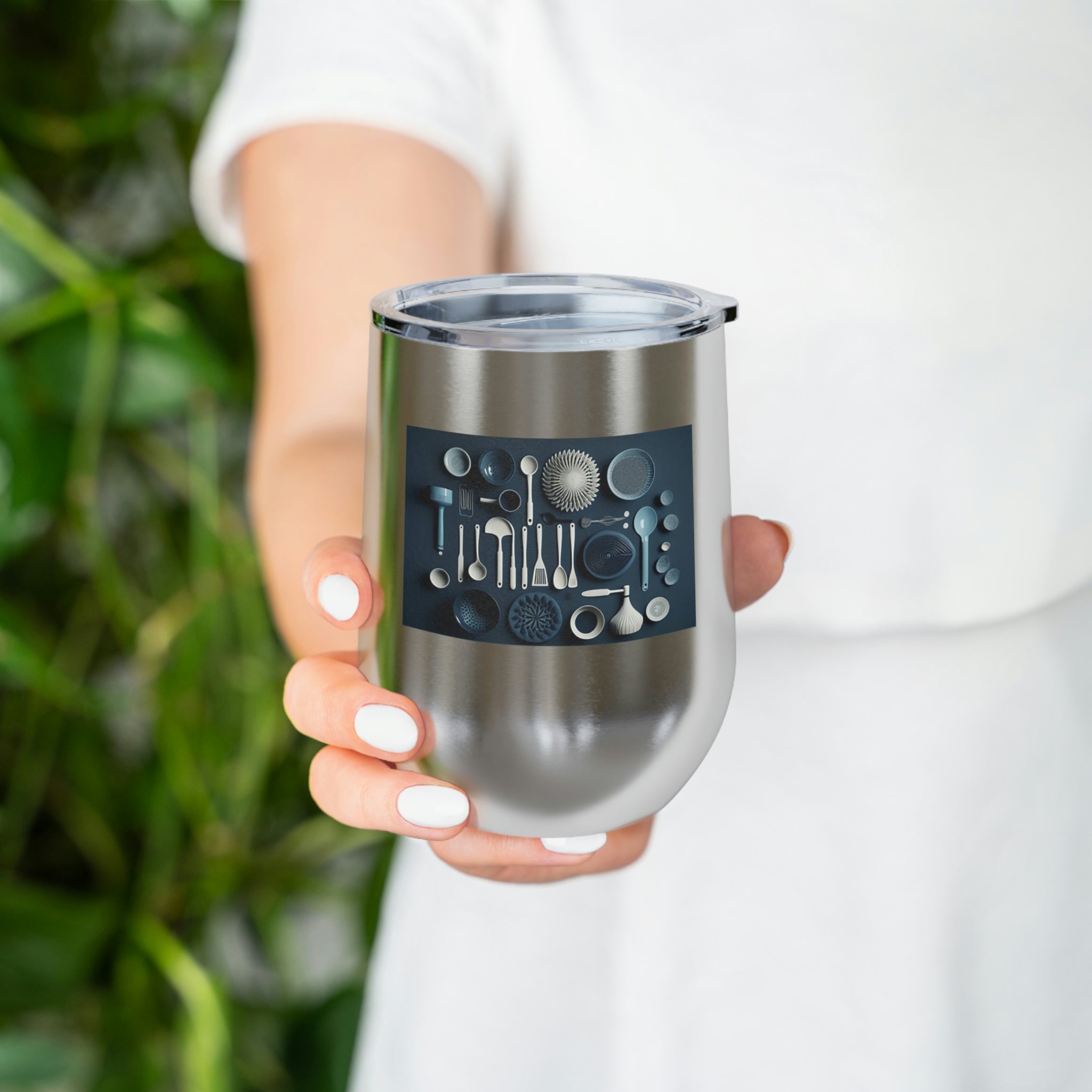 Stylish Kitchen Utensils Wine Tumbler with clear lid and stainless steel body, perfect for hot and cold beverages.