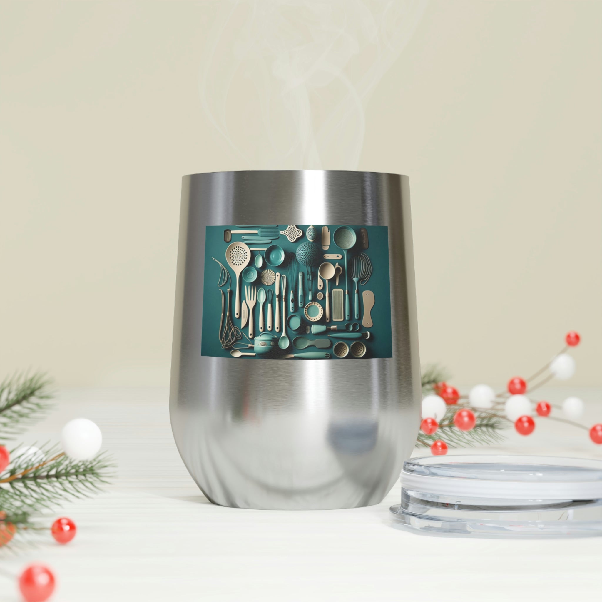A stylish Kitchen Utensils Wine Tumbler made of stainless steel, featuring a clear plastic lid and double-wall insulation for hot and cold beverages.