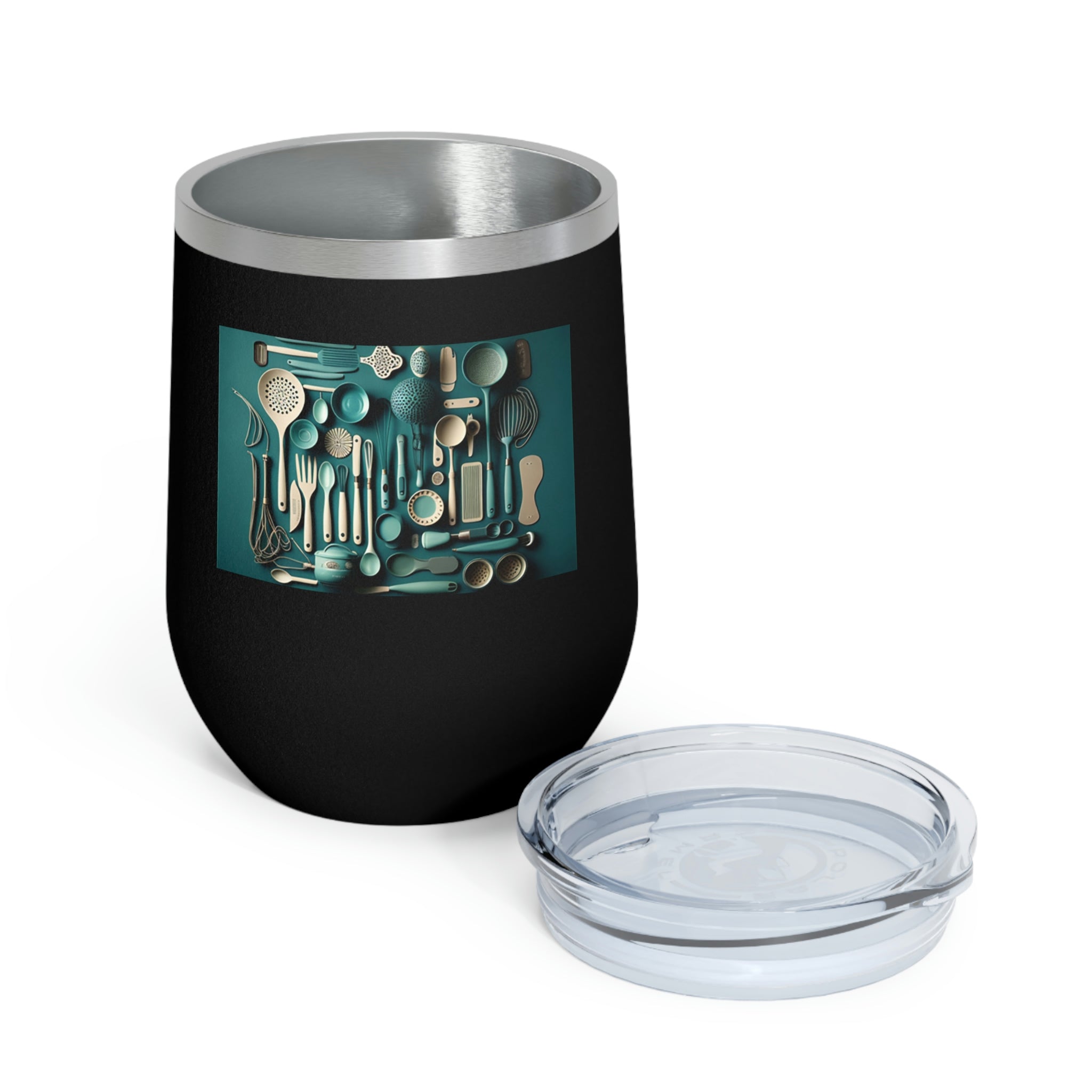 A stylish Kitchen Utensils Wine Tumbler made of stainless steel, featuring a clear plastic lid and double-wall insulation for hot and cold beverages.