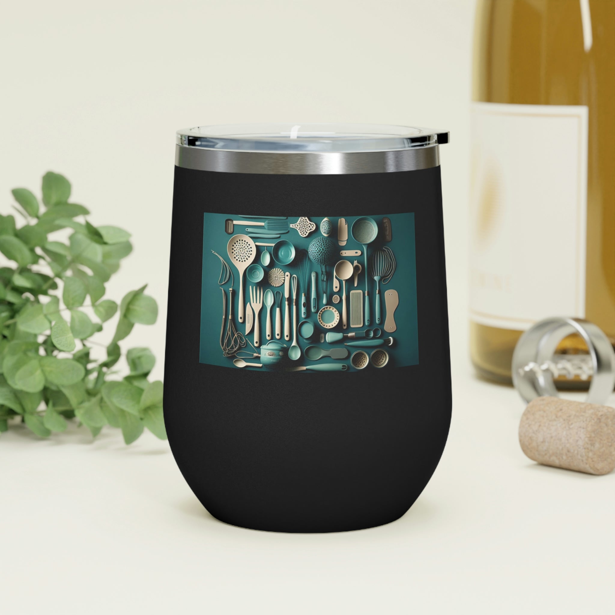 A stylish Kitchen Utensils Wine Tumbler made of stainless steel, featuring a clear plastic lid and double-wall insulation for hot and cold beverages.