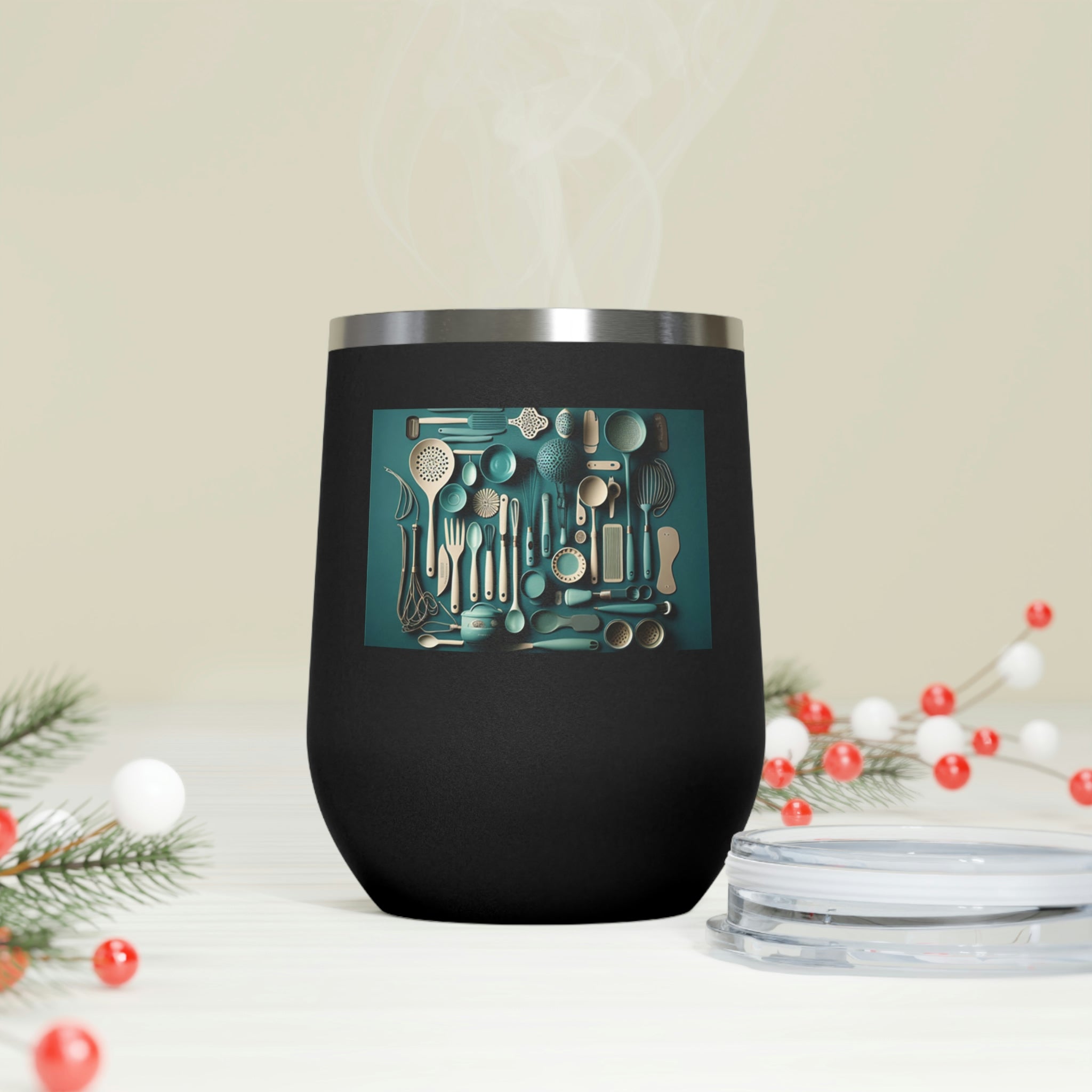 A stylish Kitchen Utensils Wine Tumbler made of stainless steel, featuring a clear plastic lid and double-wall insulation for hot and cold beverages.