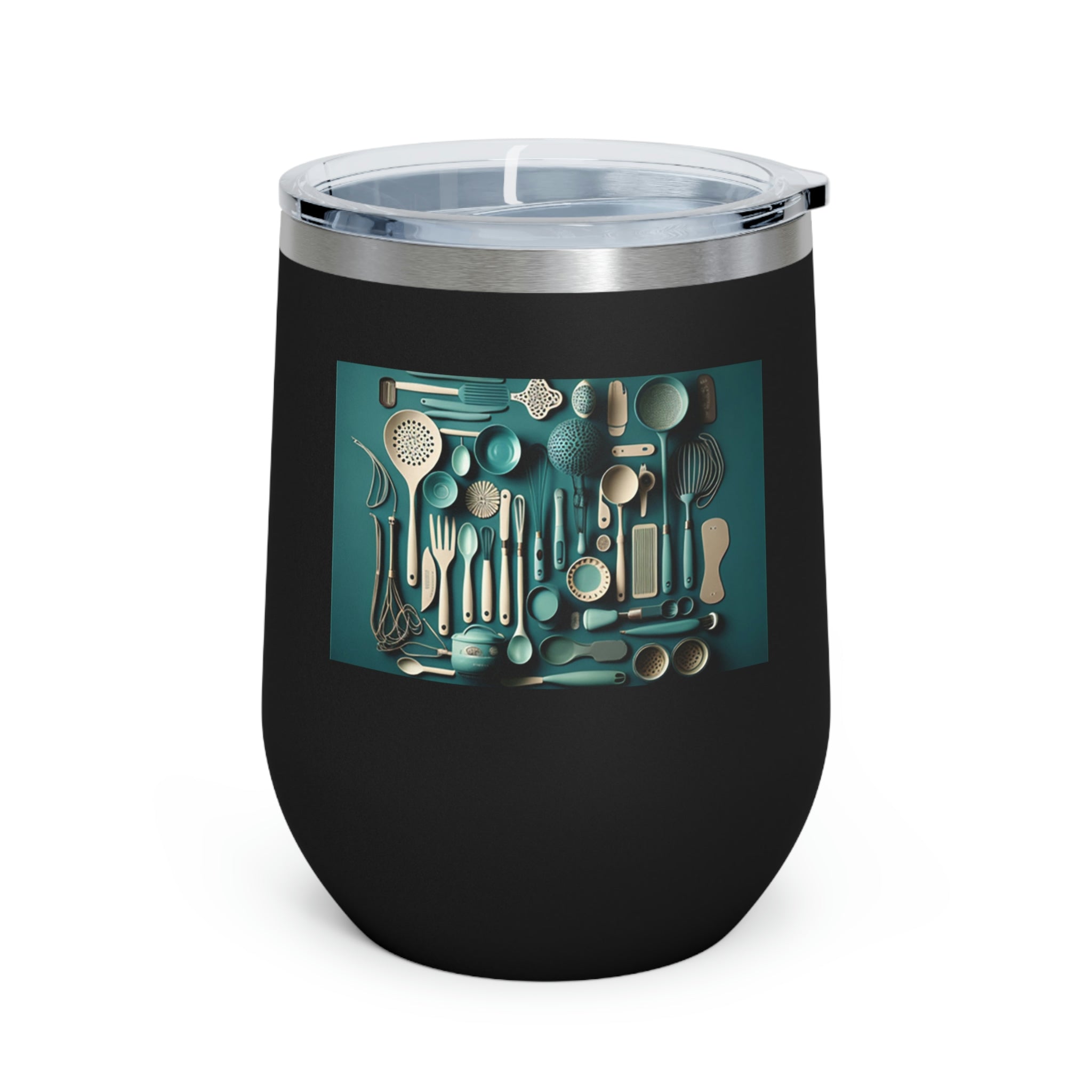 A stylish Kitchen Utensils Wine Tumbler made of stainless steel, featuring a clear plastic lid and double-wall insulation for hot and cold beverages.