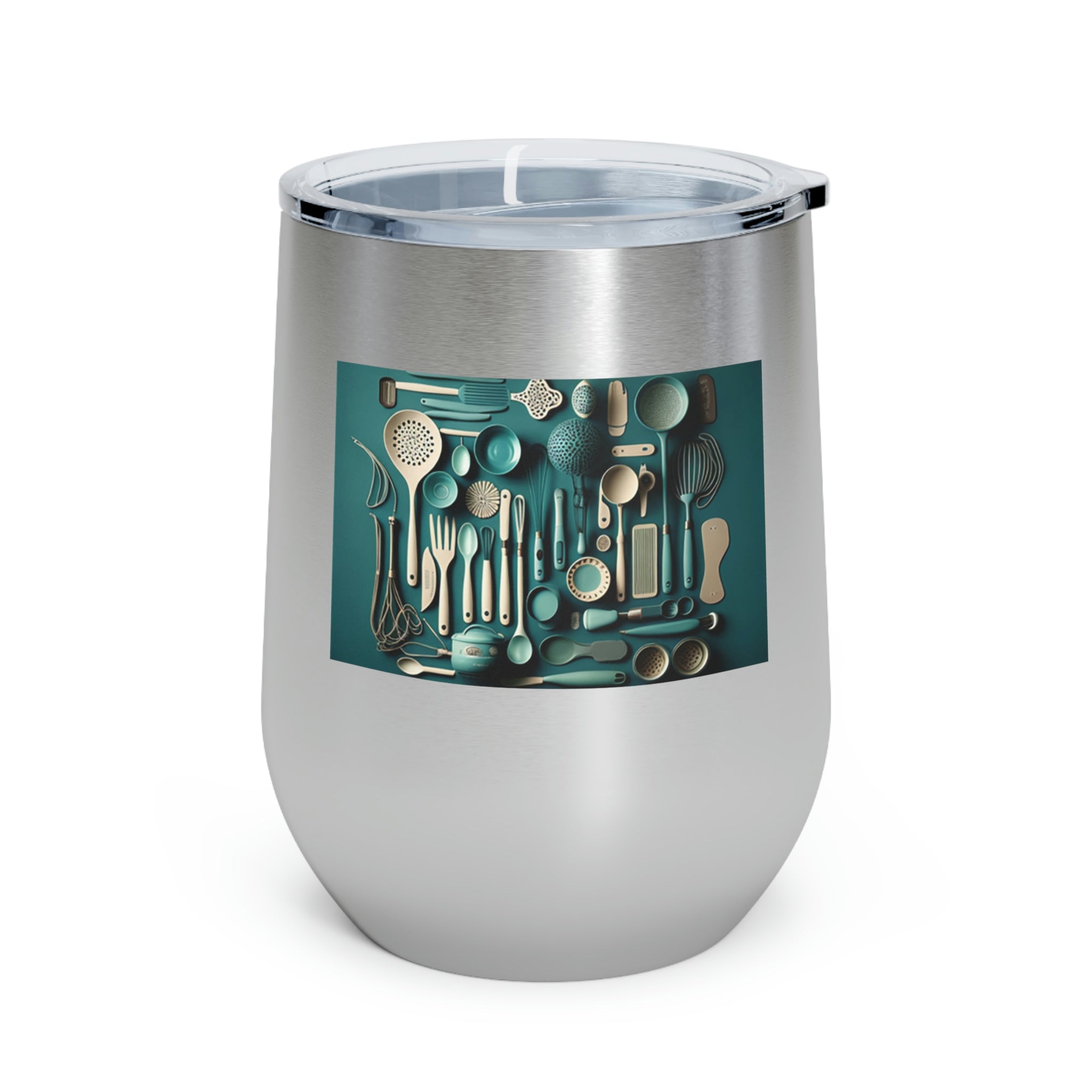 A stylish Kitchen Utensils Wine Tumbler made of stainless steel, featuring a clear plastic lid and double-wall insulation for hot and cold beverages.