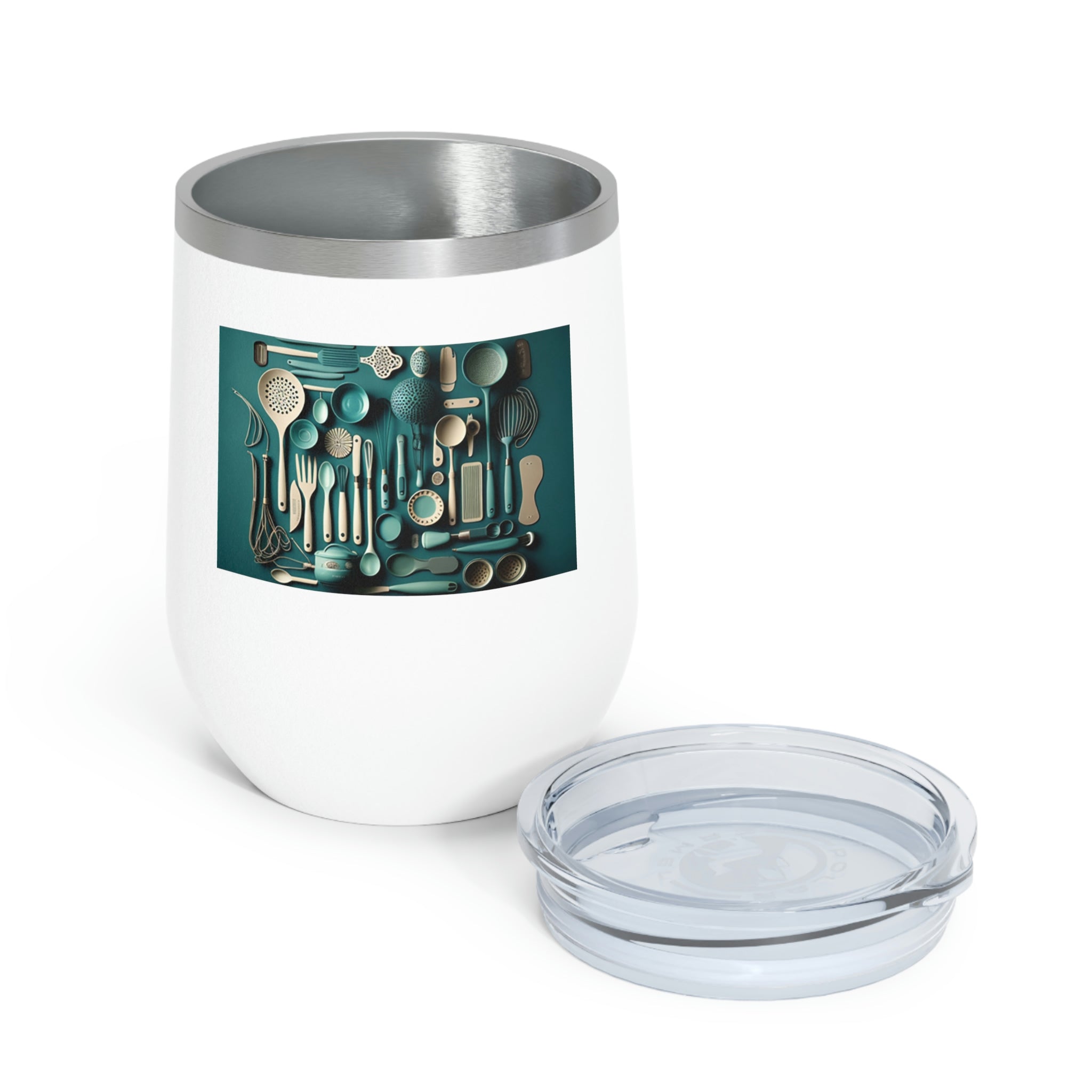 A stylish Kitchen Utensils Wine Tumbler made of stainless steel, featuring a clear plastic lid and double-wall insulation for hot and cold beverages.