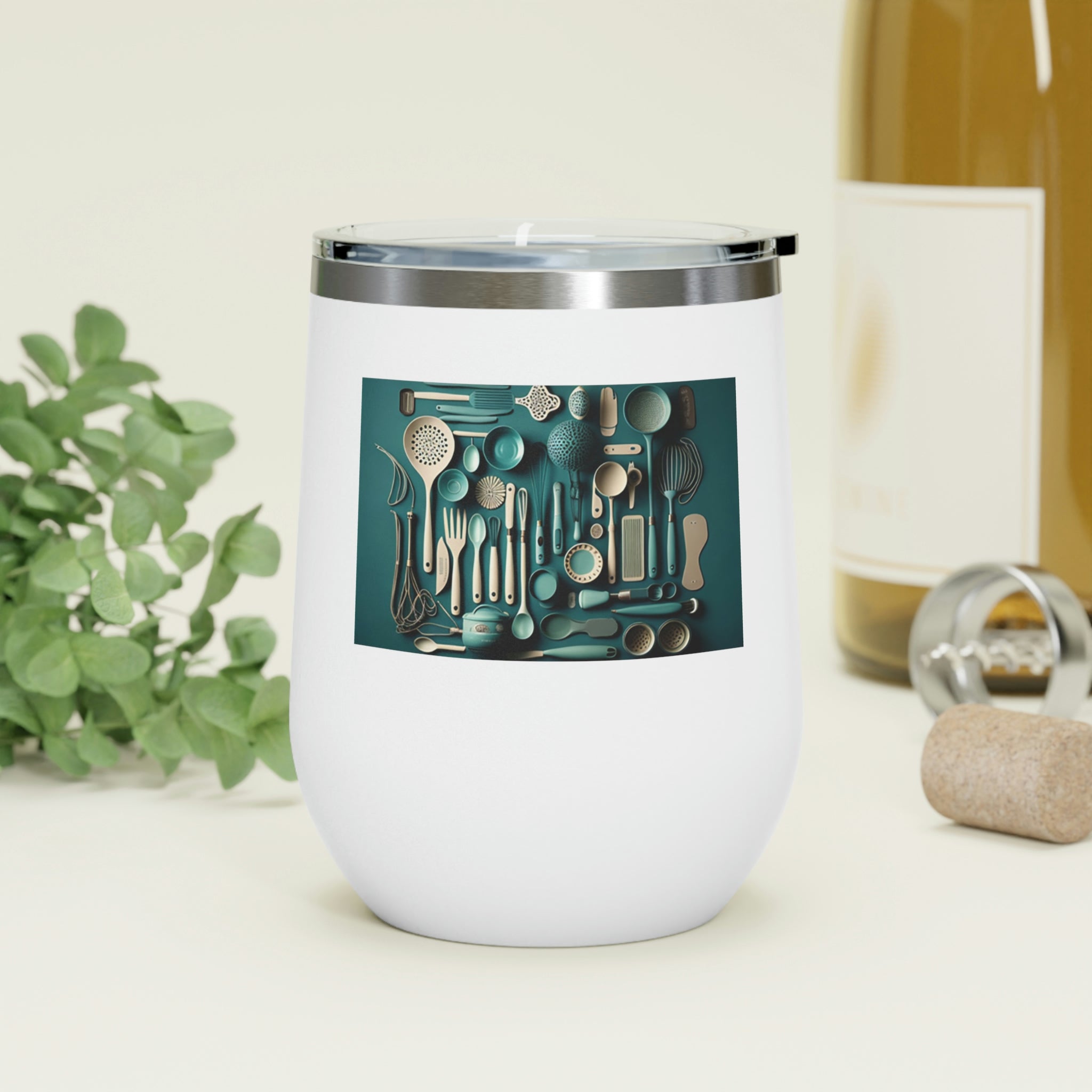 A stylish Kitchen Utensils Wine Tumbler made of stainless steel, featuring a clear plastic lid and double-wall insulation for hot and cold beverages.